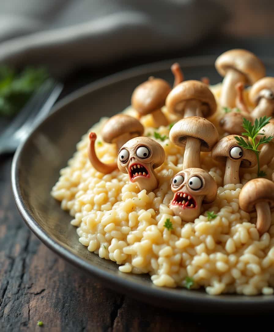 Create a photorealistic image of a **mushroom risotto** with the following specifications:

- **Visual Details**: 
  - The risotto is creamy and rich, with a texture that looks like it has been stirred to perfection, showcasing a glossy finish. 
  - The mushrooms are not just any mushrooms; they are animated and appear to be in a state of panic or distress, with wide eyes, tiny mouths, and expressions of fear or agony.
  - The mushrooms are of various sizes, with some having legs or tentacles, trying to escape from the dish. Their gills are visible, and they have a slightly translucent quality.

- **Style**: 
  - The overall image should have a surreal, hyper-realistic quality, reminiscent of Salvador Dalí's work but with the precision of food photography.

- **Composition**: 
  - The dish is centered on a dark wooden table, with the risotto taking up most of the frame. 
  - The camera is positioned slightly above, looking down at an angle that captures the depth of the dish and the expressions of the mushrooms.
  - The background should be slightly out of focus, with subtle hints of a rustic kitchen environment.

- **Mood and Atmosphere**: 
  - The lighting should be dramatic with strong shadows and highlights, giving the dish an almost otherworldly glow, enhancing the surreal nature of the scene.
  - The atmosphere is one of tension, with the risotto appearing both comforting and disturbing due to the animated mushrooms.

- **Technical Aspects**: 
  - Use techniques like rim lighting to highlight the edges of the mushrooms, giving them a sense of depth and making their expressions more vivid.
  - The depth of field should be shallow to keep the focus on the risotto and its screaming mushrooms, with a soft blur on the edges of the frame.

- **Cohesion**: 
  - All elements must work together to create a bizarre yet believable scene where the risotto itself seems normal, but the mushrooms' animation adds an unexpected, fantastical element. The surreal nature should be balanced with the realism of the food preparation to create a cohesive, engaging image.