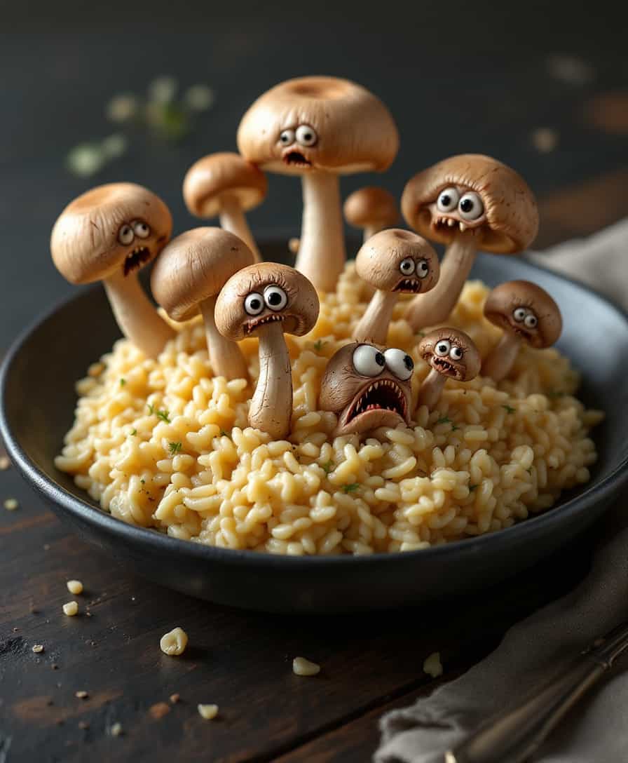 Create a photorealistic image of a **mushroom risotto** with the following specifications:

- **Visual Details**: 
  - The risotto is creamy and rich, with a texture that looks like it has been stirred to perfection, showcasing a glossy finish. 
  - The mushrooms are not just any mushrooms; they are animated and appear to be in a state of panic or distress, with wide eyes, tiny mouths, and expressions of fear or agony.
  - The mushrooms are of various sizes, with some having legs or tentacles, trying to escape from the dish. Their gills are visible, and they have a slightly translucent quality.

- **Style**: 
  - The overall image should have a surreal, hyper-realistic quality, reminiscent of Salvador Dalí's work but with the precision of food photography.

- **Composition**: 
  - The dish is centered on a dark wooden table, with the risotto taking up most of the frame. 
  - The camera is positioned slightly above, looking down at an angle that captures the depth of the dish and the expressions of the mushrooms.
  - The background should be slightly out of focus, with subtle hints of a rustic kitchen environment.

- **Mood and Atmosphere**: 
  - The lighting should be dramatic with strong shadows and highlights, giving the dish an almost otherworldly glow, enhancing the surreal nature of the scene.
  - The atmosphere is one of tension, with the risotto appearing both comforting and disturbing due to the animated mushrooms.

- **Technical Aspects**: 
  - Use techniques like rim lighting to highlight the edges of the mushrooms, giving them a sense of depth and making their expressions more vivid.
  - The depth of field should be shallow to keep the focus on the risotto and its screaming mushrooms, with a soft blur on the edges of the frame.

- **Cohesion**: 
  - All elements must work together to create a bizarre yet believable scene where the risotto itself seems normal, but the mushrooms' animation adds an unexpected, fantastical element. The surreal nature should be balanced with the realism of the food preparation to create a cohesive, engaging image.