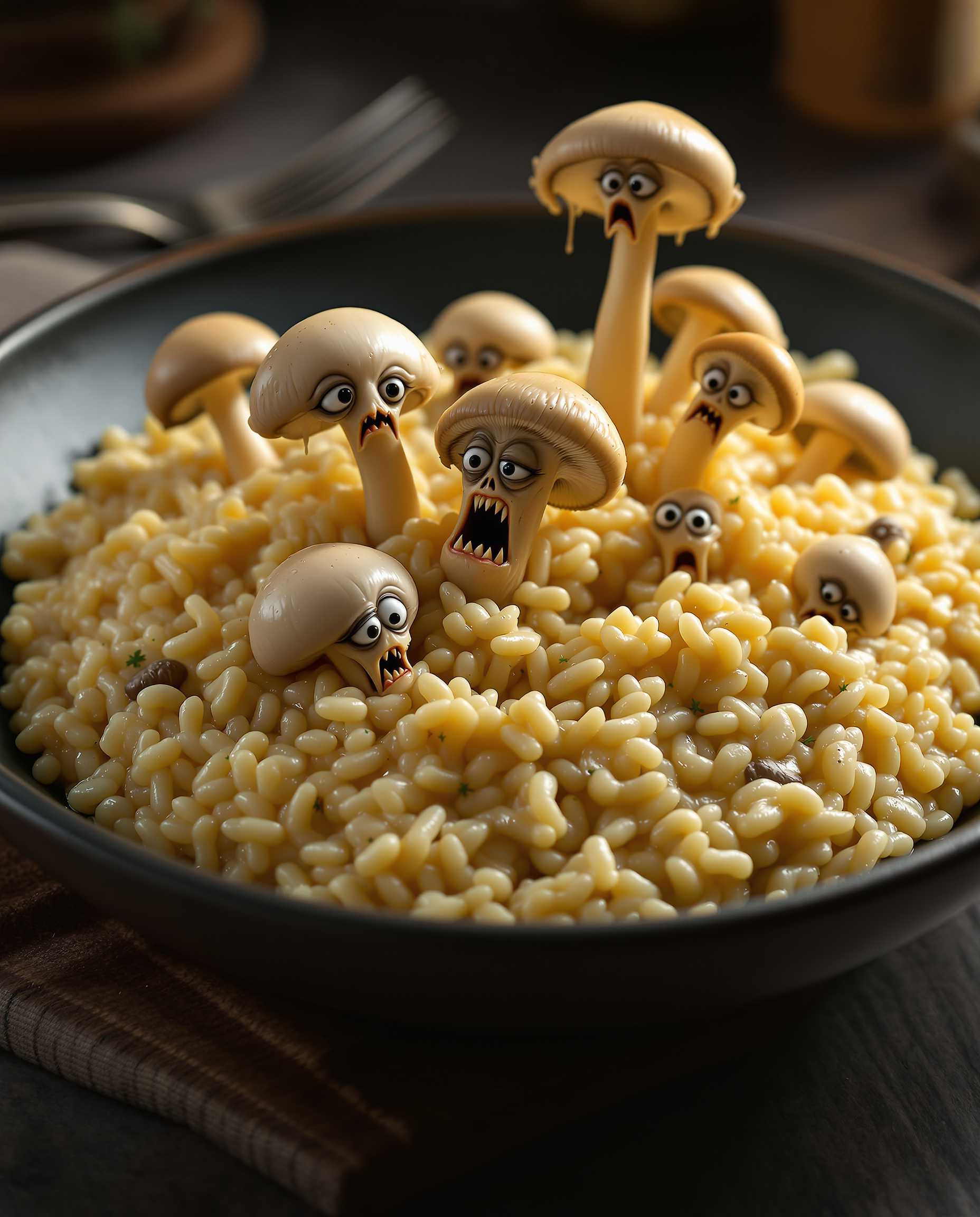 Create a photorealistic image of a **mushroom risotto** with the following specifications:

- **Visual Details**: 
  - The risotto is creamy and rich, with a texture that looks like it has been stirred to perfection, showcasing a glossy finish. 
  - The mushrooms are not just any mushrooms; they are animated and appear to be in a state of panic or distress, with wide eyes, tiny mouths, and expressions of fear or agony.
  - The mushrooms are of various sizes, with some having legs or tentacles, trying to escape from the dish. Their gills are visible, and they have a slightly translucent quality.

- **Style**: 
  - The overall image should have a surreal, hyper-realistic quality, reminiscent of Salvador Dalí's work but with the precision of food photography.

- **Composition**: 
  - The dish is centered on a dark wooden table, with the risotto taking up most of the frame. 
  - The camera is positioned slightly above, looking down at an angle that captures the depth of the dish and the expressions of the mushrooms.
  - The background should be slightly out of focus, with subtle hints of a rustic kitchen environment.

- **Mood and Atmosphere**: 
  - The lighting should be dramatic with strong shadows and highlights, giving the dish an almost otherworldly glow, enhancing the surreal nature of the scene.
  - The atmosphere is one of tension, with the risotto appearing both comforting and disturbing due to the animated mushrooms.

- **Technical Aspects**: 
  - Use techniques like rim lighting to highlight the edges of the mushrooms, giving them a sense of depth and making their expressions more vivid.
  - The depth of field should be shallow to keep the focus on the risotto and its screaming mushrooms, with a soft blur on the edges of the frame.

- **Cohesion**: 
  - All elements must work together to create a bizarre yet believable scene where the risotto itself seems normal, but the mushrooms' animation adds an unexpected, fantastical element. The surreal nature should be balanced with the realism of the food preparation to create a cohesive, engaging image.