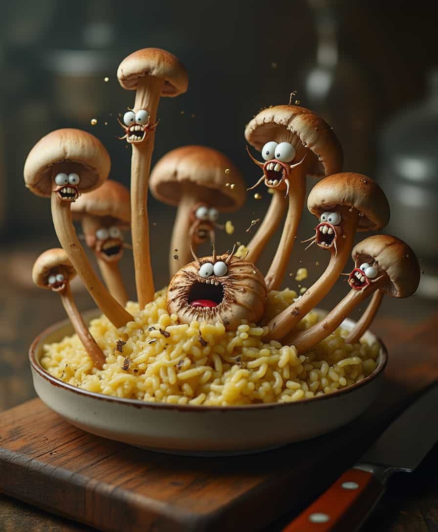 a bunch of mushrooms on a cutting board
  - The mushrooms are not just any mushrooms; they are animated and appear to be in a state of panic or distress, with wide eyes, tiny mouths, and expressions of fear or agony.
  - The mushrooms are of various sizes, with some having legs or tentacles, trying to escape from the dish. Their gills are visible, and they have a slightly translucent quality.

- **Style**: 
  - The overall image should have a surreal, hyper-realistic quality, reminiscent of Salvador Dalí's work but with the precision of food photography.

- **Composition**: 
  - The dish is centered on a dark wooden table, with the risotto taking up most of the frame. 
  - The camera is positioned slightly above, looking down at an angle that captures the depth of the dish and the expressions of the mushrooms.
  - The background should be slightly out of focus, with subtle hints of a rustic kitchen environment.

- **Mood and Atmosphere**: 
  - The lighting should be dramatic with strong shadows and highlights, giving the dish an almost otherworldly glow, enhancing the surreal nature of the scene.
  - The atmosphere is one of tension, with the risotto appearing both comforting and disturbing due to the animated mushrooms.

- **Technical Aspects**: 
  - Use techniques like rim lighting to highlight the edges of the mushrooms, giving them a sense of depth and making their expressions more vivid.
  - The depth of field should be shallow to keep the focus on the risotto and its screaming mushrooms, with a soft blur on the edges of the frame.

- **Cohesion**: 
  - All elements must work together to create a bizarre yet believable scene where the risotto itself seems normal, but the mushrooms' animation adds an unexpected, fantastical element. The surreal nature should be balanced with the realism of the food preparation to create a cohesive, engaging image.