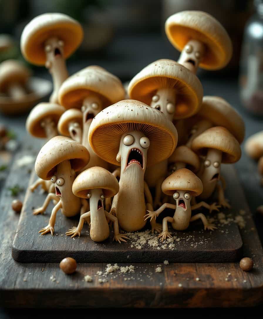 A surreal, hyper-realistic image of a bunch of animated mushrooms in various states of panic or distress on a dark wooden cutting board:

- **Visual Details**: 
  - The mushrooms are of different sizes, some with legs or tentacles, attempting to escape. Their gills are visible, giving them a slightly translucent quality.
  - They have wide eyes and tiny mouths, showing expressions of fear or agony, with textures that mimic real mushrooms but with added anthropomorphic features.
  - The lighting is dramatic with strong shadows and highlights, rim lighting around the edges of the mushrooms to enhance their depth and expressions.

- **Style**: 
  - Inspired by Salvador Dalí's surrealism but with the precision and detail of high-end food photography.

- **Composition**: 
  - The cutting board is centered on a dark wooden table, capturing the depth of the scene with the mushrooms taking up most of the frame.
  - Camera angle is slightly above, looking down to emphasize the mushrooms' escape attempts and expressions.
  - Background is slightly out of focus, hinting at a rustic kitchen environment.

- **Mood and Atmosphere**: 
  - Tension and surrealism are conveyed through the dramatic lighting, giving the scene an otherworldly glow, making the mushrooms' plight both comical and eerie.

- **Technical Aspects**: 
  - Use shallow depth of field to focus on the mushrooms, with a soft blur around the edges of the frame.
  - Employ techniques like rim lighting to highlight the edges of the mushrooms, making their expressions more vivid and adding a sense of depth.

- **Cohesion**: 
  - The surreal animation of the mushrooms contrasts with the realistic presentation of the cutting board, creating a bizarre yet believable scene where the mushrooms' distress adds a fantastical element to an otherwise ordinary kitchen setting.