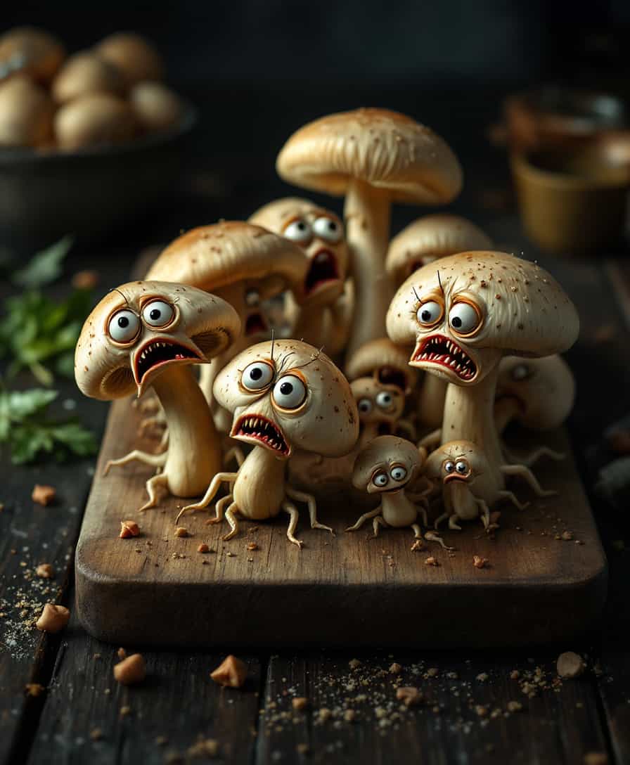 A surreal, hyper-realistic image of a bunch of animated mushrooms in various states of panic or distress on a dark wooden cutting board:

- **Visual Details**: 
  - The mushrooms are of different sizes, some with legs or tentacles, attempting to escape. Their gills are visible, giving them a slightly translucent quality.
  - They have wide eyes and tiny mouths, showing expressions of fear or agony, with textures that mimic real mushrooms but with added anthropomorphic features.
  - The lighting is dramatic with strong shadows and highlights, rim lighting around the edges of the mushrooms to enhance their depth and expressions.

- **Style**: 
  - Inspired by Salvador Dalí's surrealism but with the precision and detail of high-end food photography.

- **Composition**: 
  - The cutting board is centered on a dark wooden table, capturing the depth of the scene with the mushrooms taking up most of the frame.
  - Camera angle is slightly above, looking down to emphasize the mushrooms' escape attempts and expressions.
  - Background is slightly out of focus, hinting at a rustic kitchen environment.

- **Mood and Atmosphere**: 
  - Tension and surrealism are conveyed through the dramatic lighting, giving the scene an otherworldly glow, making the mushrooms' plight both comical and eerie.

- **Technical Aspects**: 
  - Use shallow depth of field to focus on the mushrooms, with a soft blur around the edges of the frame.
  - Employ techniques like rim lighting to highlight the edges of the mushrooms, making their expressions more vivid and adding a sense of depth.

- **Cohesion**: 
  - The surreal animation of the mushrooms contrasts with the realistic presentation of the cutting board, creating a bizarre yet believable scene where the mushrooms' distress adds a fantastical element to an otherwise ordinary kitchen setting.