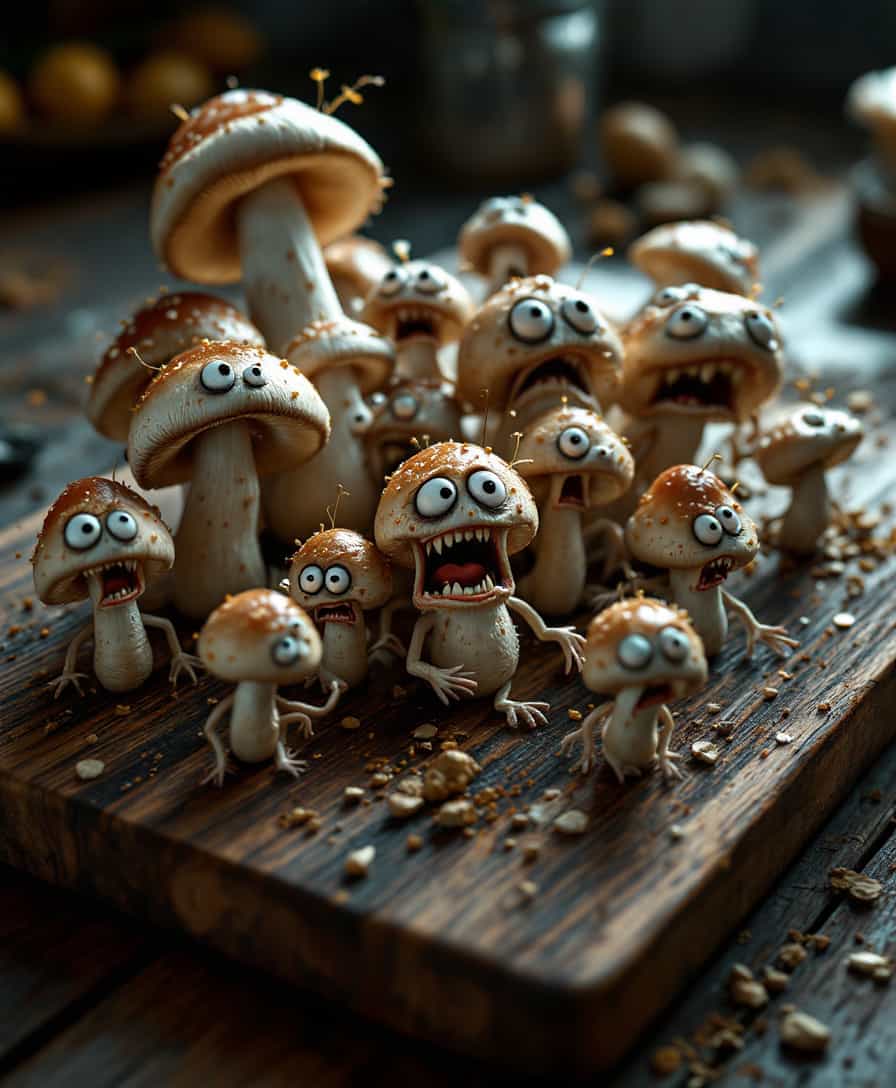 A surreal, hyper-realistic image of a bunch of animated mushrooms in various states of panic or distress on a dark wooden cutting board:

- **Visual Details**: 
  - The mushrooms are of different sizes, some with legs or tentacles, attempting to escape. Their gills are visible, giving them a slightly translucent quality.
  - They have wide eyes and tiny mouths, showing expressions of fear or agony, with textures that mimic real mushrooms but with added anthropomorphic features.
  - The lighting is dramatic with strong shadows and highlights, rim lighting around the edges of the mushrooms to enhance their depth and expressions.

- **Style**: 
  - Inspired by Salvador Dalí's surrealism but with the precision and detail of high-end food photography.

- **Composition**: 
  - The cutting board is centered on a dark wooden table, capturing the depth of the scene with the mushrooms taking up most of the frame.
  - Camera angle is slightly above, looking down to emphasize the mushrooms' escape attempts and expressions.
  - Background is slightly out of focus, hinting at a rustic kitchen environment.

- **Mood and Atmosphere**: 
  - Tension and surrealism are conveyed through the dramatic lighting, giving the scene an otherworldly glow, making the mushrooms' plight both comical and eerie.

- **Technical Aspects**: 
  - Use shallow depth of field to focus on the mushrooms, with a soft blur around the edges of the frame.
  - Employ techniques like rim lighting to highlight the edges of the mushrooms, making their expressions more vivid and adding a sense of depth.

- **Cohesion**: 
  - The surreal animation of the mushrooms contrasts with the realistic presentation of the cutting board, creating a bizarre yet believable scene where the mushrooms' distress adds a fantastical element to an otherwise ordinary kitchen setting.