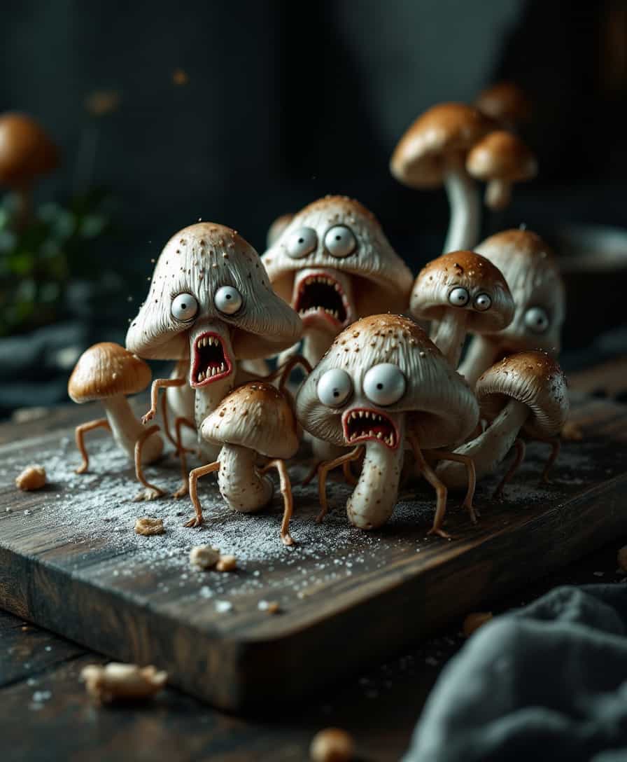 A surreal, hyper-realistic image of a bunch of animated mushrooms in various states of panic or distress on a dark wooden cutting board:

- **Visual Details**: 
  - The mushrooms are of different sizes, some with legs or tentacles, attempting to escape. Their gills are visible, giving them a slightly translucent quality.
  - They have wide eyes and tiny mouths, showing expressions of fear or agony, with textures that mimic real mushrooms but with added anthropomorphic features.
  - The lighting is dramatic with strong shadows and highlights, rim lighting around the edges of the mushrooms to enhance their depth and expressions.

- **Style**: 
  - Inspired by Salvador Dalí's surrealism but with the precision and detail of high-end food photography.

- **Composition**: 
  - The cutting board is centered on a dark wooden table, capturing the depth of the scene with the mushrooms taking up most of the frame.
  - Camera angle is slightly above, looking down to emphasize the mushrooms' escape attempts and expressions.
  - Background is slightly out of focus, hinting at a rustic kitchen environment.

- **Mood and Atmosphere**: 
  - Tension and surrealism are conveyed through the dramatic lighting, giving the scene an otherworldly glow, making the mushrooms' plight both comical and eerie.

- **Technical Aspects**: 
  - Use shallow depth of field to focus on the mushrooms, with a soft blur around the edges of the frame.
  - Employ techniques like rim lighting to highlight the edges of the mushrooms, making their expressions more vivid and adding a sense of depth.

- **Cohesion**: 
  - The surreal animation of the mushrooms contrasts with the realistic presentation of the cutting board, creating a bizarre yet believable scene where the mushrooms' distress adds a fantastical element to an otherwise ordinary kitchen setting.