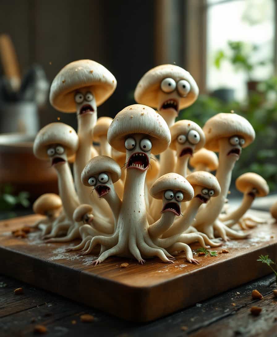 A surreal, hyper-realistic image of a bunch of animated mushrooms in various states of panic or distress on a dark wooden cutting board:

- **Visual Details**: 
  - The mushrooms are of different sizes, some with legs or tentacles, attempting to escape. Their gills are visible, giving them a slightly translucent quality.
  - They have wide eyes and tiny mouths, showing expressions of fear or agony, with textures that mimic real mushrooms but with added anthropomorphic features.
  - The lighting is dramatic with strong shadows and highlights, rim lighting around the edges of the mushrooms to enhance their depth and expressions.

- **Style**: 
  - Inspired by Salvador Dalí's surrealism but with the precision and detail of high-end food photography.

- **Composition**: 
  - The cutting board is centered on a dark wooden table, capturing the depth of the scene with the mushrooms taking up most of the frame.
  - Camera angle is slightly above, looking down to emphasize the mushrooms' escape attempts and expressions.
  - Background is slightly out of focus, hinting at a rustic kitchen environment.

- **Mood and Atmosphere**: 
  - Tension and surrealism are conveyed through the dramatic lighting, giving the scene an otherworldly glow, making the mushrooms' plight both comical and eerie.

- **Technical Aspects**: 
  - Use shallow depth of field to focus on the mushrooms, with a soft blur around the edges of the frame.
  - Employ techniques like rim lighting to highlight the edges of the mushrooms, making their expressions more vivid and adding a sense of depth.

- **Cohesion**: 
  - The surreal animation of the mushrooms contrasts with the realistic presentation of the cutting board, creating a bizarre yet believable scene where the mushrooms' distress adds a fantastical element to an otherwise ordinary kitchen setting.