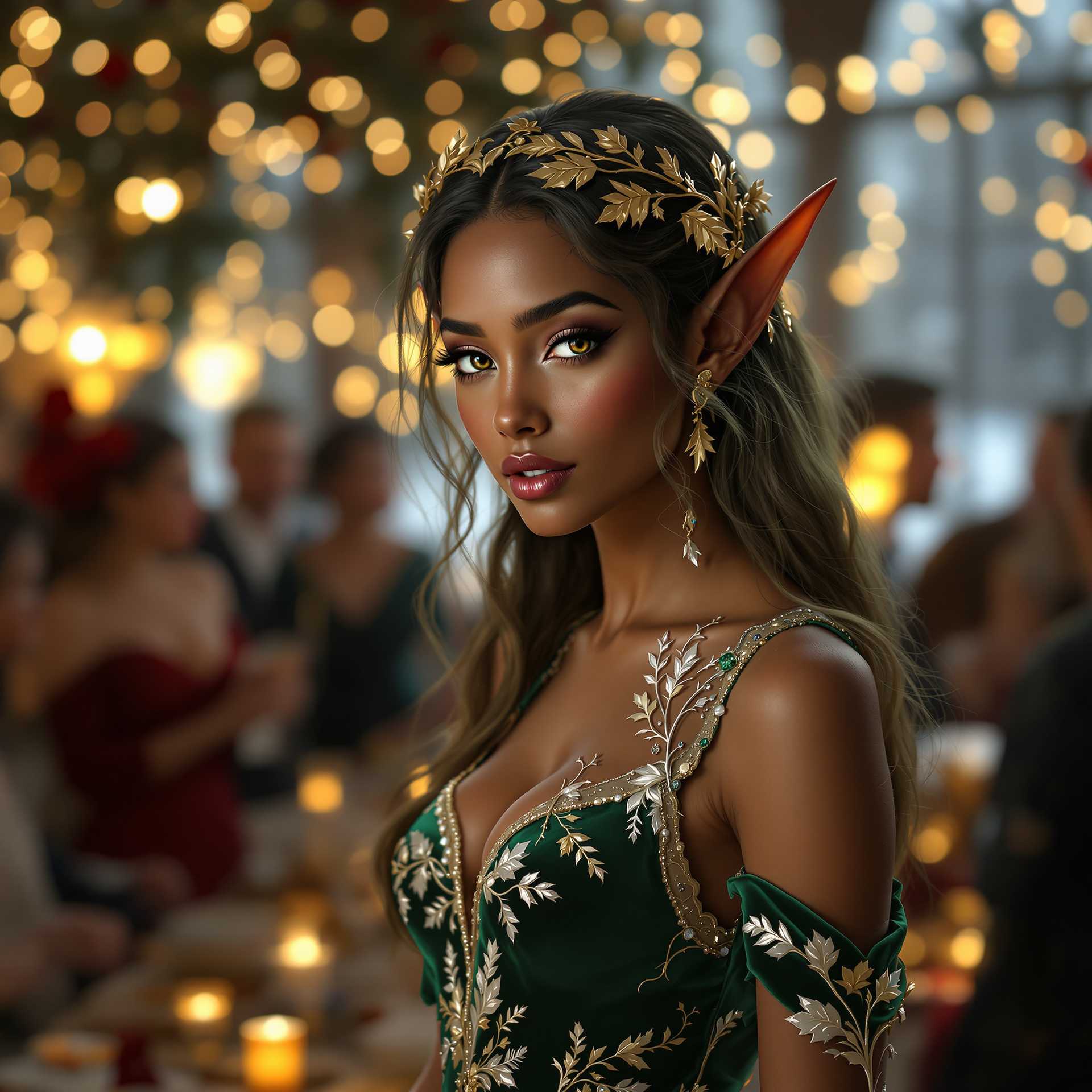 Create a digital art portrait of a **beautiful brown-skinned elf female** at a **Christmas party**. She should have **long, flowing hair with a subtle greenish hue**, adorned with **delicate, gold leaf ornaments**. Her attire consists of an **elegant, form-fitting emerald green velvet dress** with **intricate silver and gold embroidery** depicting winter flora. The dress should reflect the **soft glow of festive lighting**. Her eyes should be **almond-shaped, glowing with a hint of magic**, perhaps a slight iridescence in green or gold.

**Style**: The artwork should be in the style of **fantasy realism**, reminiscent of **Brian Froud's whimsical illustrations** with a touch of **Art Nouveau** for the fluidity and organic forms of the decorations.

**Composition**: She stands in the foreground, slightly to the left, engaging with a **group of guests** in the background who are out of focus, creating a **bokeh effect**. The camera angle should be **slightly low** to emphasize her ethereal presence and the grandeur of the setting. 

**Lighting**: The scene is lit by **warm, ambient Christmas lights**, casting a **soft, golden glow** over the scene, with **twinkling fairy lights** in the background adding to the festive atmosphere.

**Mood and Atmosphere**: The mood is **joyful and magical**, with a **crisp, wintery ambiance**. The air feels charged with holiday cheer, and there's a sense of **anticipation and wonder** in the air.

**Technical Aspects**: Use **depth of field** to blur the background, highlighting the elf's features. Incorporate **subtle lens flare** from the Christmas lights to enhance the festive feel. The **color palette** should be rich with **deep greens, reds, and gold**, punctuated by the natural browns of her skin and the winter landscape outside the windows.