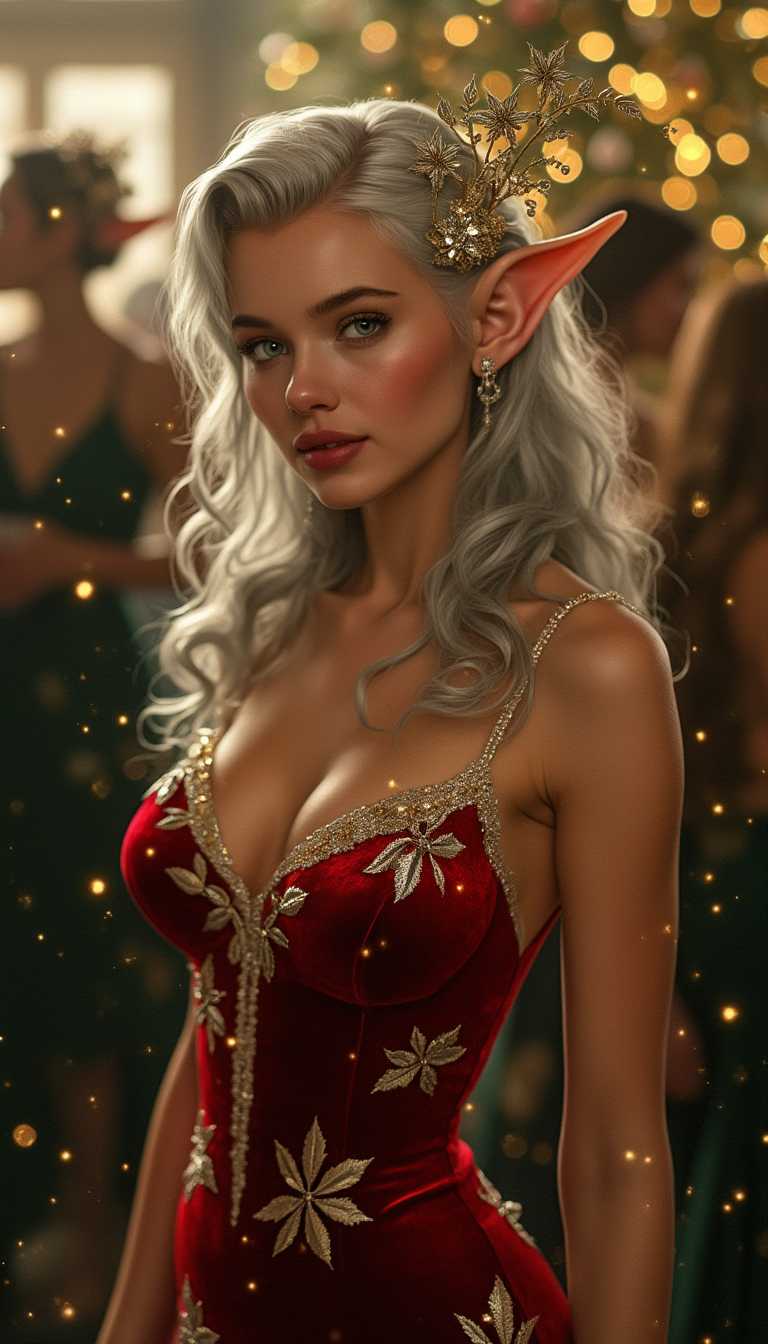 Marilyn Monroe,as a **beautiful brown-skinned elf female** at a **Christmas party**. She should have **long, flowing hair with a subtle silver hue**, adorned with **delicate, gold leaf ornaments**. Her attire consists of an **elegant, form-fitting red velvet dress** with **intricate silver and gold embroidery** depicting winter flora. The dress should reflect the **soft glow of festive lighting**. Her eyes should be **almond-shaped, glowing with a hint of magic**, perhaps a slight iridescence in green or gold.She has a large bust.

**Style**: The artwork should be in the style of **fantasy realism**, reminiscent of **Brian Froud's whimsical illustrations** with a touch of **Art Nouveau** for the fluidity and organic forms of the decorations.

**Composition**: She stands in the foreground, slightly to the left, engaging with a **group of guests** in the background who are out of focus, creating a **bokeh effect**. The camera angle should be **slightly low** to emphasize her ethereal presence and the grandeur of the setting. 

**Lighting**: The scene is lit by **warm, ambient Christmas lights**, casting a **soft, golden glow** over the scene, with **twinkling fairy lights** in the background adding to the festive atmosphere.

**Mood and Atmosphere**: The mood is **joyful and magical**, with a **crisp, wintery ambiance**. The air feels charged with holiday cheer, and there's a sense of **anticipation and wonder** in the air.

**Technical Aspects**: Use **depth of field** to blur the background, highlighting the elf's features. Incorporate **subtle lens flare** from the Christmas lights to enhance the festive feel. The **color palette** should be rich with **deep greens, reds, and gold**, punctuated by the natural browns of her skin and the winter landscape outside the windows.