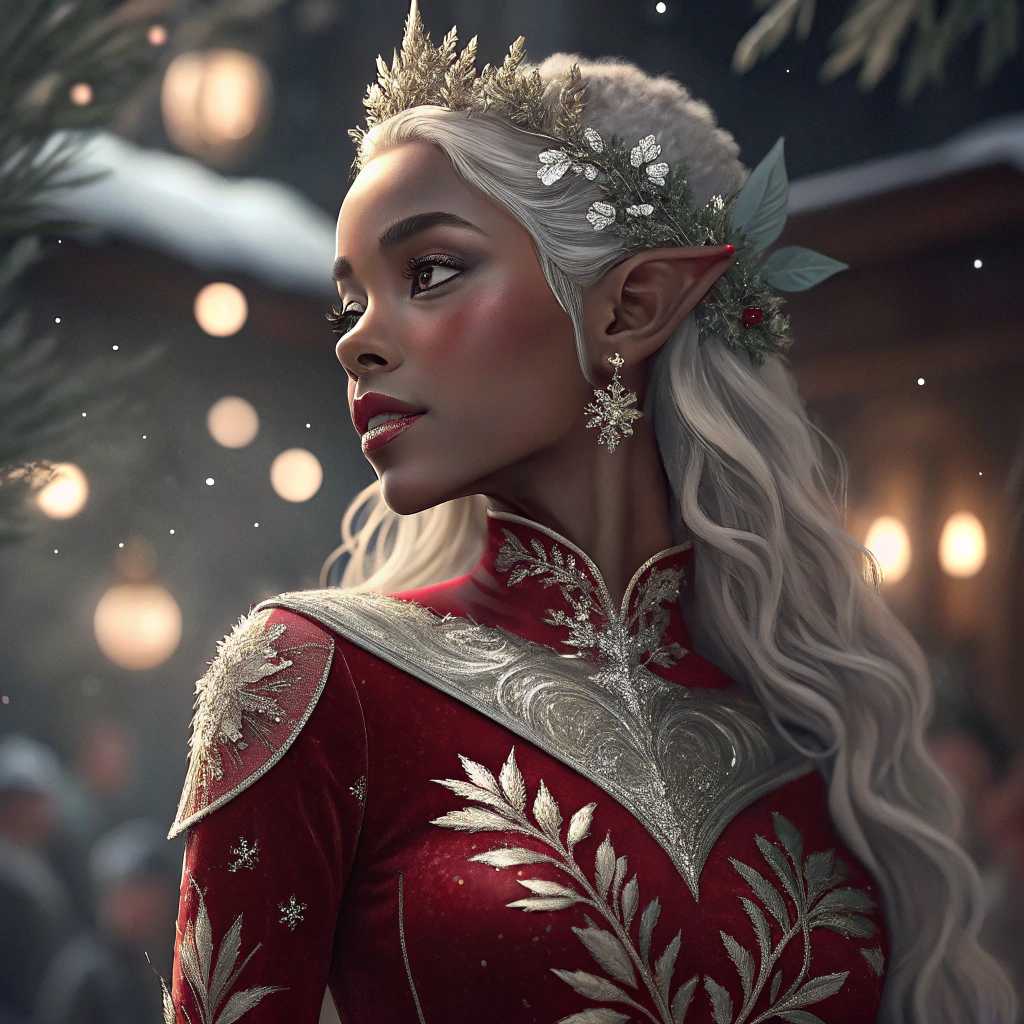  Marilyn Monroe,as a **beautiful brown-skinned elf female** at a **Christmas party**. She should have **long, flowing hair with a subtle silver hue**, adorned with **delicate, gold leaf ornaments**. Her attire consists of an **elegant, form-fitting red velvet dress** with **intricate silver and gold embroidery** depicting winter flora. The dress should reflect the **soft glow of festive lighting**. Her eyes should be **almond-shaped, glowing with a hint of magic**, perhaps a slight iridescence in green or gold.She has a large bust.

**Style**: The artwork should be in the style of **fantasy realism**, reminiscent of **Brian Froud's whimsical illustrations** with a touch of **Art Nouveau** for the fluidity and organic forms of the decorations.

**Composition**: She stands in the foreground, slightly to the left, engaging with a **group of guests** in the background who are out of focus, creating a **bokeh effect**. The camera angle should be **slightly low** to emphasize her ethereal presence and the grandeur of the setting. 

**Lighting**: The scene is lit by **warm, ambient Christmas lights**, casting a **soft, golden glow** over the scene, with **twinkling fairy lights** in the background adding to the festive atmosphere.

**Mood and Atmosphere**: The mood is **joyful and magical**, with a **crisp, wintery ambiance**. The air feels charged with holiday cheer, and there's a sense of **anticipation and wonder** in the air.

**Technical Aspects**: Use **depth of field** to blur the background, highlighting the elf's features. Incorporate **subtle lens flare** from the Christmas lights to enhance the festive feel. The **color palette** should be rich with **deep greens, reds, and gold**, punctuated by the natural browns of her skin and the winter landscape outside the windows.