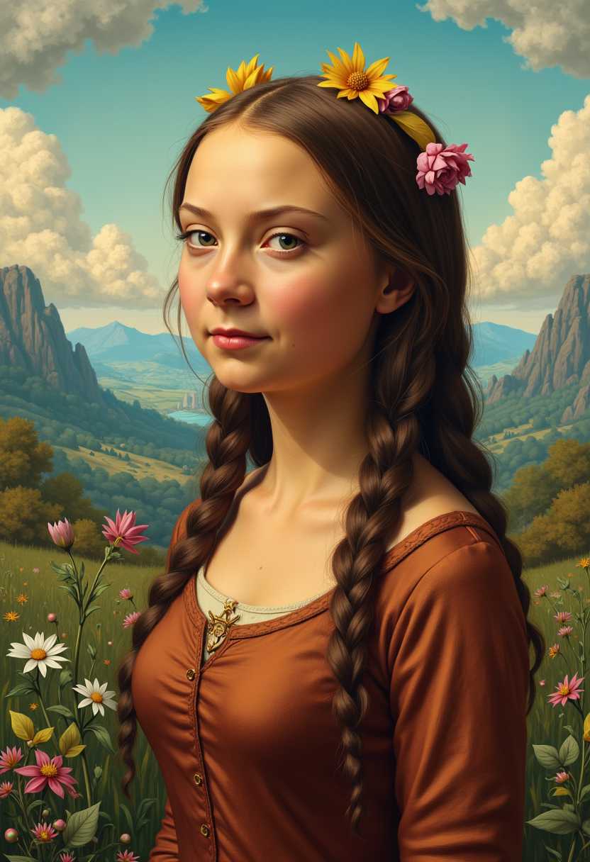 This image is a digital painting that captures a blend of science fiction and fantasy elements. The art style is reminiscent of pinup art, with a focus on the woman and a stylized, almost surreal landscape. head and shoulders portrait, claymation mona lisa doll, pigtails