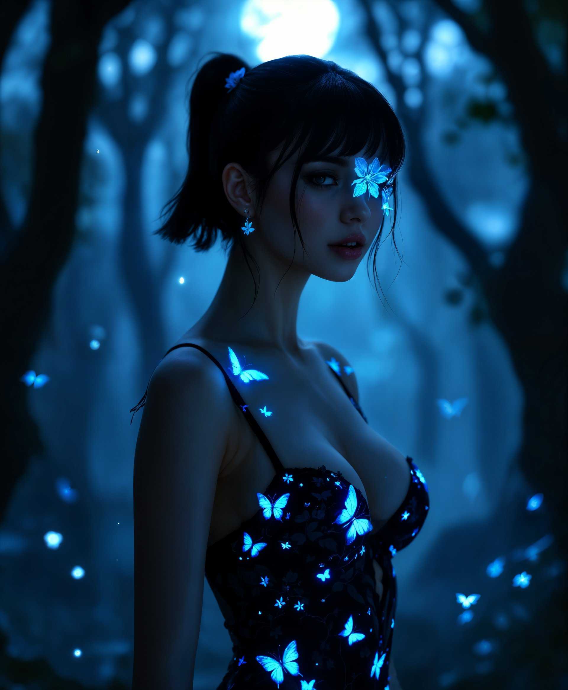 masterpiece, best quality, highres, sharp image, more detail, masterpiece, best quality, highres, sharp image, more detail, **Subject:** A sexy woman with short, jet-black hair styled in peek-a-bangs, with a single delicate flower adorning her hair, covering her left eye.

**Clothing:** She wears exquisite, detailed black and blue lingerie. The fabric is adorned with intricate patterns of butterflies and flowers, each piece shimmering with a light blue bioluminescent glow, enhancing the ethereal quality of the scene.

**Environment:** She stands in the heart of an ancient forest at night. The trees are tall and majestic, their leaves rustling softly in the gentle night breeze. The full moon above casts a silver light through the canopy, creating a mosaic of shadows and light on the forest floor.

**Lighting:** The scene is illuminated by the moonlight, which highlights the luminescence of her lingerie, creating an otherworldly atmosphere. Subtle fireflies dance around, adding to the magical ambiance.

**Mood and Atmosphere:** The setting exudes a serene, almost mystical vibe. The night is quiet, with the only sounds being the gentle whispers of nature. The air is cool and crisp, with a hint of floral scents from the forest.

**Composition:** She is positioned centrally, her figure framed by the dense foliage, with the moon directly behind her, casting her silhouette in a soft glow. The camera angle is slightly low, looking up at her, enhancing her statuesque presence amidst the towering trees.

**Artistic Style:** The image should have a surrealistic touch, reminiscent of a dreamscape or a scene from a fantasy novel, with a nod to the romanticism of the Pre-Raphaelite Brotherhood, where nature and human beauty intertwine harmoniously. 

**Technical Aspects:** Utilize soft focus techniques around the edges to blend the figure with the forest, creating a seamless transition between reality and fantasy. Employ a shallow depth of field to keep the subject sharply in focus while the background forest blurs, emphasizing her as the focal point of this magical scene.