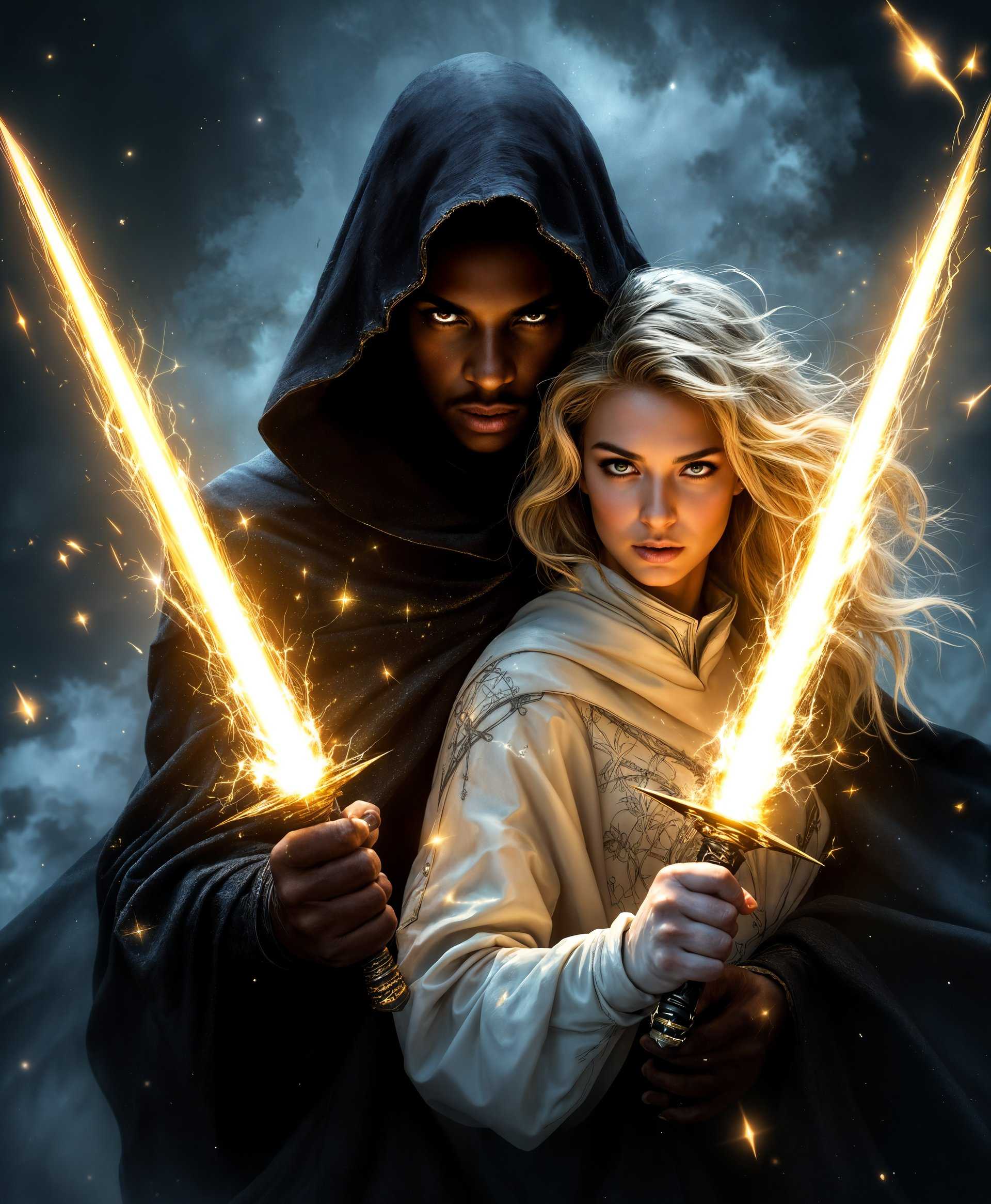masterpiece, best quality, highres, sharp image, more detail, masterpiece, best quality, highres, sharp image, more detail, **Visual Description:**
- **Cloak:** A young African-American man enveloped by a mystical cloak that absorbs light, appearing almost black with edges that blur into a shadowy mist. His face shows determination, with a slight glow from his eyes piercing through the darkness. The cloak billows around him like a protective shield, with subtle hints of starlight or cosmic energy within its folds.
- **Dagger:** A young Caucasian woman, her costume white with hints of silver, reflecting light in stark contrast to Cloak's darkness. She holds bright, luminescent daggers made of pure light energy. Her expression is fierce yet hopeful, with her radiant hair complementing her light-themed abilities.

**Artistic Style:**
- Inspired by comic book art, yet with a realistic twist. The image should mimic the high contrast, dramatic shadows, and vibrant colors of comic book illustrations, but with enough detail and realism to make it believable as a photograph.

**Composition:**
- Cloak is slightly in front, with his cloak billowing out, framing Dagger who stands behind, her daggers casting light on Cloak's face. The camera angle is low, making them appear larger than life, heroes standing against the odds. 

**Mood & Atmosphere:**
- A blend of darkness and light, symbolizing the duality of their powers. The atmosphere is tense, with an impending sense of action or confrontation. Dramatic lighting highlights their contrasting abilities, with the urban setting at night providing long shadows and neon signs suggesting hope amidst the grit.

**Photography Techniques:**
- Utilize **chiaroscuro** to enhance the light and shadow play, **depth of field** to focus on Cloak and Dagger while blurring the background, and **motion blur** for the cloak and daggers to imply movement and energy.

**Technical Aspects:**
- Use **HDR** to capture the range of lighting from the dark cloak to the bright daggers, ensuring no detail is lost in shadows or blown out by light. Employ a **wide aperture** for shallow depth of field, focusing on the heroes while the cityscape fades into a soft focus.

**Background:**
- An urban setting at night, with streetlights casting long shadows. The backdrop suggests a gritty, crime-filled neighborhood, yet with elements of hope through neon signs or distant lights. The scene is dynamic, with movement implied by Cloak's cloak and Dagger's light trails.

**Cohesion:**
- All elements work together to create a unified, believable scene where Cloak and Dagger stand as symbols of light and darkness, hope and despair