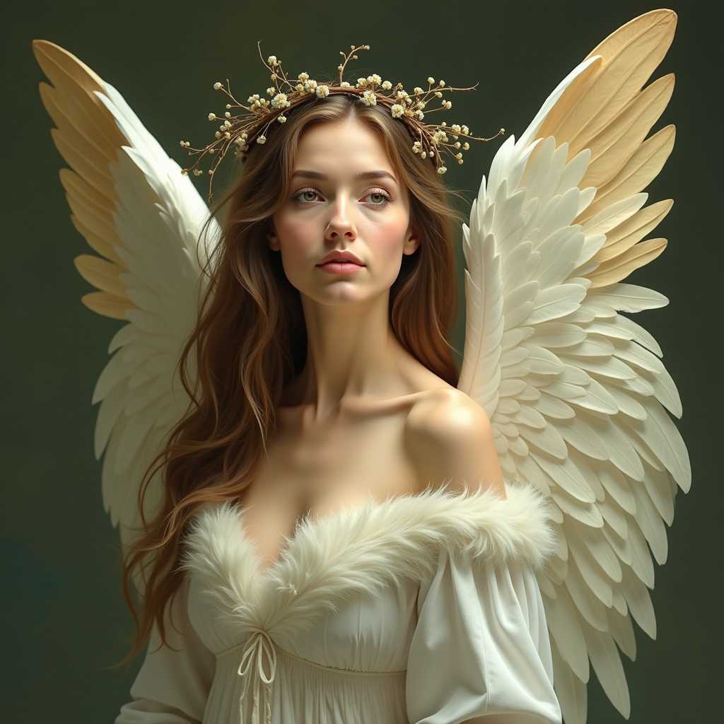 This image is a portrait of a woman with a serene and contemplative expression. The subject is adorned with a pair of expansive, feathered wings that are a pale, almost white color, giving the impression of a soft, ethereal presence. The wings are detailed with a gradient of feather tones, from the lightest white edges to a deeper, golden brown at the tips, which adds depth and dimension to the wings.The person is wearing a garment that appears to be made of feathers, which matches the wings in both texture and color palette. The feathers are fluffy and appear to be of a similar quality to the wings, suggesting a cohesive and fantastical theme.The subjects hair is long and wavy, cascading down their back and shoulders. It is adorned with a headpiece that resembles a crown or wreath, made of twigs and small, delicate flowers, which adds a touch of natural beauty and complements the overall mystical aura of the image.The background is a dark, muted green, which contrasts sharply with the lightness of the wings and the feathers, drawing the viewers attention to the subject. The lighting in the image is soft and diffused, with a gentle highlight on the subjects hair and a subtle shadow on the right side of the wings, which adds to the three dimensional effect.The art style of the image is reminiscent of fantasy or mythological portraiture, with a focus on the subjects serene and almost otherworldly presence. The medium appears to be digital painting, given the smooth blending of colors and the lack of texture that might be present in a traditional painting.The colors in the image are soft and muted, with a predominance of whites, golds, browns, and greens, creating a calm and tranquil atmosphere. The interplay of light and shadow plays a significant role in the image, with the light accentuating the textures and contours of the subject and the wings, and the shadow adding depth and dimension.Overall, the image exudes a sense of peacefulness and mystique, inviting the viewer to ponder the nature of the subject and their place in a fantastical world.