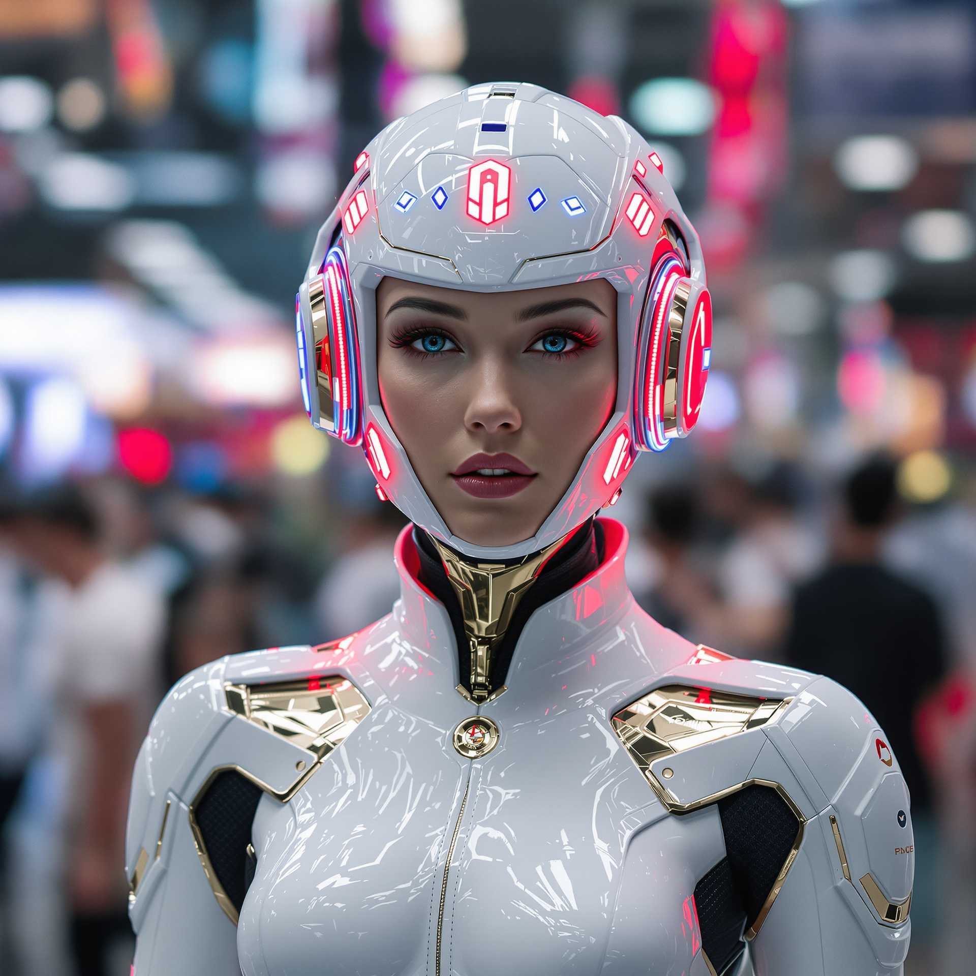 This image is a digital artwork that depicts a woman with a blend of human and robotic elements. The figure is wearing a sleek, futuristic white suit with intricate details and glowing accents in red and blue hues. The suit appears to be made of a high tech material with a glossy finish, and the joints and seams are highlighted with metallic gold.The headgear is particularly striking, with a design that suggests advanced technology. It has a circular shape with a red and blue light pattern that resembles a futuristic communication device or a piece of hightech audio equipment. The light patterns are dynamic, with the red and blue colors pulsing in sync, giving the impression of movement and energy.The figure stands out against a blurred background that suggests a crowded, bustling environment. The bokeh effect of the lights in the background adds to the futuristic ambiance of the scene. The overall art style is cinematic and hyperrealistic, with attention to detail and lighting that gives the image a threedimensional quality.The medium used to create this image is likely to be 3D computer graphics, given the smooth surfaces, lighting, and reflections. The colors are vibrant and saturated, with a focus on cool tones that evoke a sense of advanced technology and sleek design. The red and blue accents provide a visual contrast and draw the viewers attention to the figures headgear.In summary, this image is a digital artwork that captures the essence of futuristic technology and human robot hybridity. The figures suit and headgear are designed with attention to detail and vibrant colors, set against a blurred background that emphasizes the figures prominence. The overall art style is cinematic and hyperrealistic, with a focus on advanced technology and sleek design.