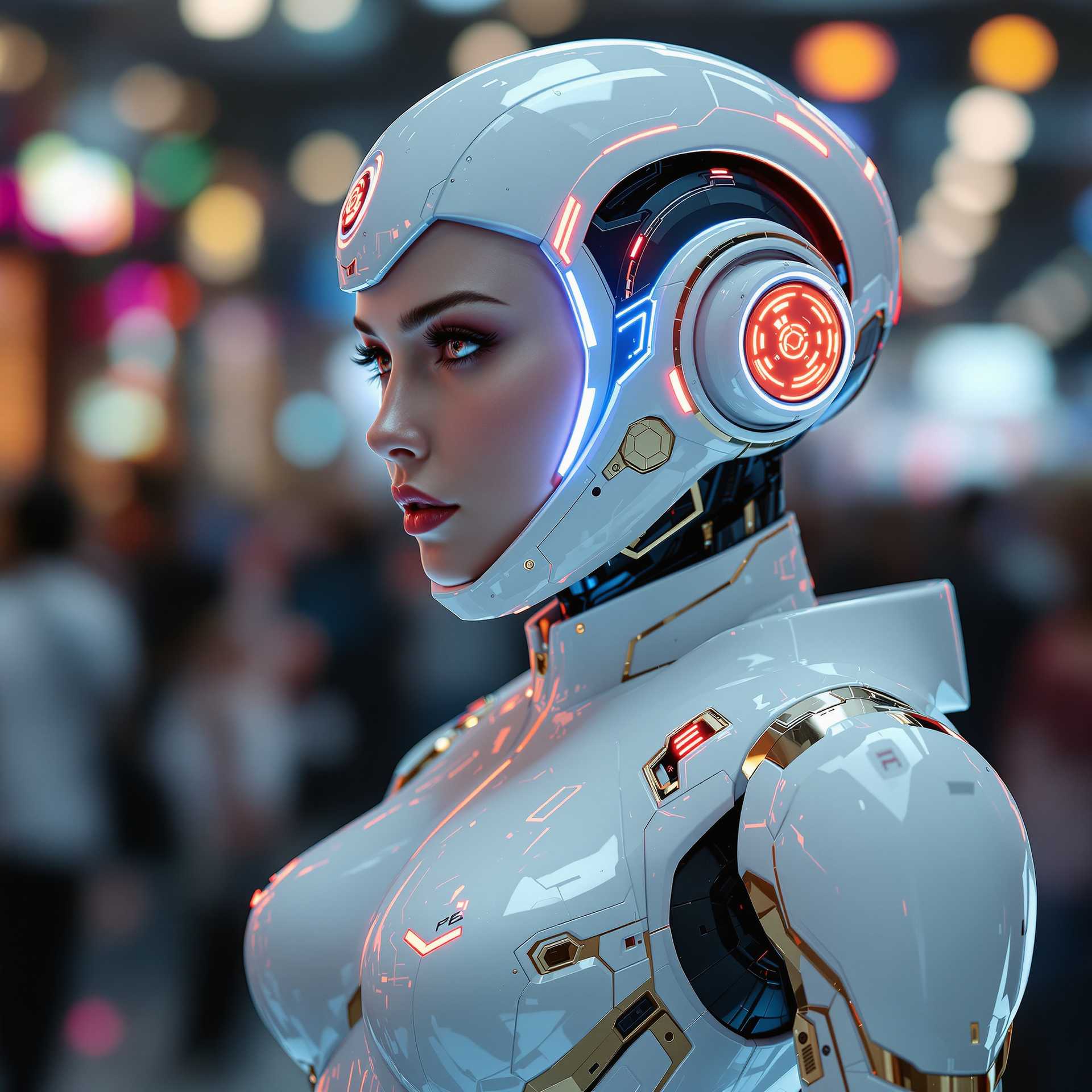 This image is a digital artwork that depicts a woman with a blend of human and robotic elements. The figure is wearing a sleek, futuristic white suit with intricate details and glowing accents in red and blue hues. The suit appears to be made of a high tech material with a glossy finish, and the joints and seams are highlighted with metallic gold.The headgear is particularly striking, with a design that suggests advanced technology. It has a circular shape with a red and blue light pattern that resembles a futuristic communication device or a piece of hightech audio equipment. The light patterns are dynamic, with the red and blue colors pulsing in sync, giving the impression of movement and energy.The figure stands out against a blurred background that suggests a crowded, bustling environment. The bokeh effect of the lights in the background adds to the futuristic ambiance of the scene. The overall art style is cinematic and hyperrealistic, with attention to detail and lighting that gives the image a threedimensional quality.The medium used to create this image is likely to be 3D computer graphics, given the smooth surfaces, lighting, and reflections. The colors are vibrant and saturated, with a focus on cool tones that evoke a sense of advanced technology and sleek design. The red and blue accents provide a visual contrast and draw the viewers attention to the figures headgear.In summary, this image is a digital artwork that captures the essence of futuristic technology and human robot hybridity. The figures suit and headgear are designed with attention to detail and vibrant colors, set against a blurred background that emphasizes the figures prominence. The overall art style is cinematic and hyperrealistic, with a focus on advanced technology and sleek design.