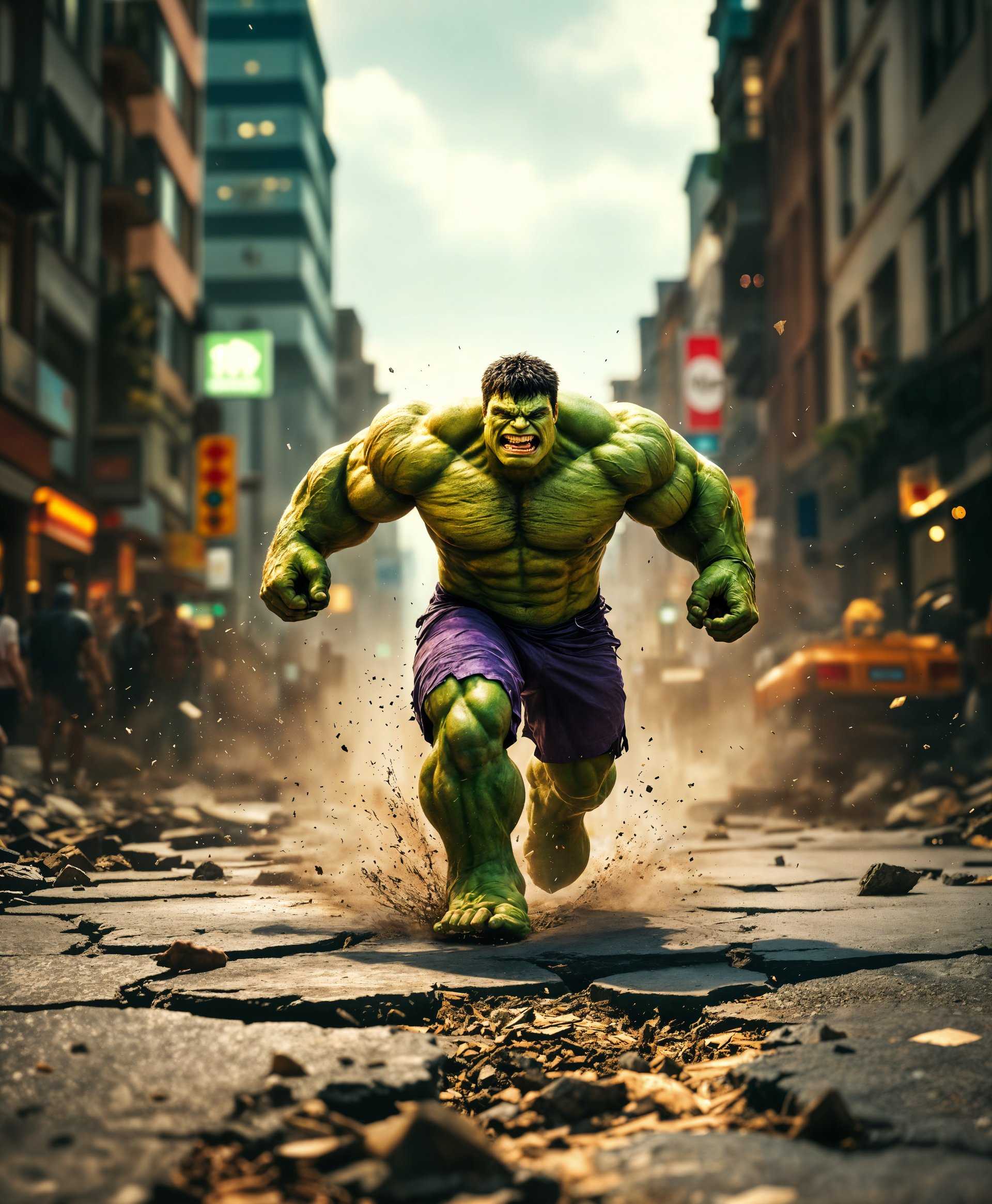 masterpiece, best quality, highres, sharp image, more detail, A cinematic, high-contrast photo capturing **The Hulk** in a dynamic urban setting, where:

- **Subject**: The Hulk, in his iconic purple shorts, with a menacing, determined expression, his muscles bulging and veins popping with each powerful stride.
  
- **Environment**: A bustling city street, now in chaos. Every step The Hulk takes causes the asphalt to crack and fracture, sending shockwaves through the environment. Buildings around him are slightly distorted from the force, with debris and dust swirling in the air.

- **Visual Details**: 
  - **Texture**: The ground beneath him is rough, jagged, with deep fissures revealing the earth below. His skin has a gritty, rough texture, emphasizing his raw power.
  - **Color**: Predominantly earthy tones with bursts of green from The Hulk's skin. The scene is desaturated to enhance the drama, with selective color pops on The Hulk.
  - **Lighting**: Harsh, directional lighting from above casts dramatic shadows, highlighting the destruction and The Hulk's imposing figure. The light also interacts with the dust, creating a halo effect around him.

- **Style**: Shot in a high-definition, ultra-realistic style, reminiscent of an action movie still, with a touch of comic book exaggeration for dramatic effect.

- **Composition**: 
  - **Framing**: The camera is positioned slightly below The Hulk's eye level to emphasize his dominance over the environment. Wide-angle lens to capture the scale of destruction.
  - **Layout**: The Hulk is in the center, with his path leading directly towards the viewer, flanked by the chaos he creates. The background is filled with skyscrapers, some tilting or crumbling.

- **Mood and Atmosphere**: 
  - **Feeling**: Overwhelming power, destruction, and the unstoppable force of nature embodied in The Hulk.
  - **Time**: Late afternoon, with long shadows casting an ominous mood.
  - **Weather**: Clear skies, allowing for stark contrasts between light and shadow, enhancing the visual impact of The Hulk's presence.

- **Technical Aspects**: 
  - **Depth of Field**: Shallow focus on The Hulk, with the background slightly blurred to keep the viewer's attention on him.
  - **Motion Blur**: Slight motion blur on the surrounding elements to convey movement and energy.

This image captures the essence of The Hulk's raw power and the immediate impact he has on his surroundings, creating a scene that's both awe-inspiring and terrifying.