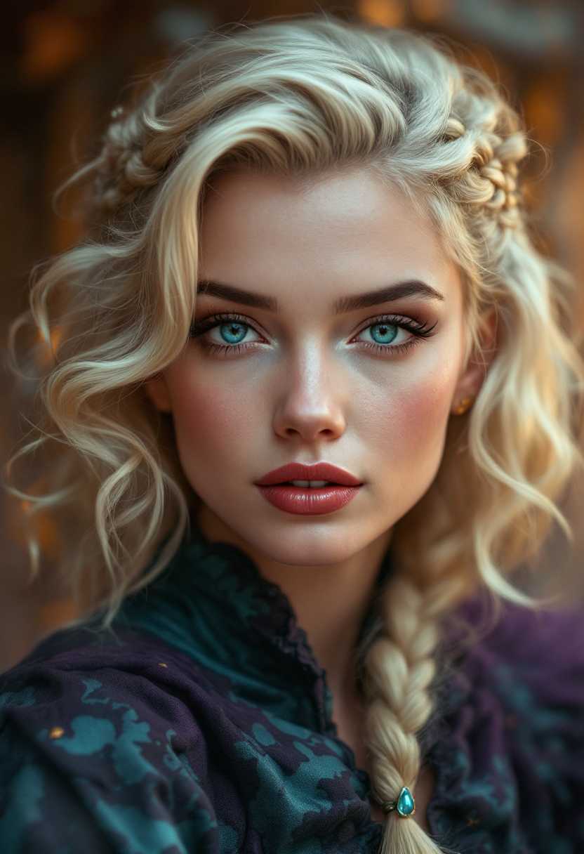 a photo of Marilyn Monroe, This image is a high resolution photograph that captures a closeup portrait of a blonde woman. The art style is reminiscent of fantasy or historical portraiture, with a focus on the subjects attire and the rich, atmospheric setting.Medium The image is a digital photograph, likely taken with a high quality camera and post processed to enhance the colors and details.Colors The color palette is warm and rich, with a predominance of earthy tones. The subjects hair is a pale blonde, which stands out against the darker tones of the clothing. The clothing itself is a deep, rich purple with a teal or aqua blue overlay, which adds a pop of color to the composition. The background is a mix of warm and cool tones, with a smoky, atmospheric quality that suggests a setting that is both ancient and mystical.Objects in the Image1. The subjects hair is styled in loose waves, with a braid that runs along the top of the head. A tear drop shaped gemstone is set in the braid, adding a touch of elegance.2. The subject is wearing a richly detailed garment that appears to be a historical or fantasy inspired outfit. The garment has a deep purple base with a teal or aqua blue overlay, and is embellished with intricate patterns and what looks like metalwork or embroidery.3. Around the neck, the subject wears a necklace with a large, similarly shaped gemstone, which matches the one in the braid.4. The background is a blend of architectural elements, with what appears to be stone columns and arches, giving the impression of an ancient or historical setting. There are also candle like objects that emit a warm, flickering light, contributing to the atmospheric quality of the scene.Overall, the image exudes a sense of mystique and elegance, with a focus on the subjects detailed costume and the atmospheric, historical setting.