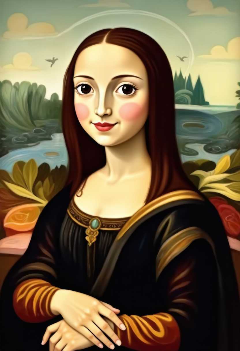 This image is a stylized digital illustration that pays homage to the famous painting Mona Lisa by Leonardo da Vinci. The subject is a person with a youthful appearance, large expressive eyes, and a gentle smile. The hair is long and curly, with a rich chestnut brown color, and the person is wearing a dark, highcollared dress with a golden yellow trim, reminiscent of the Renaissance period attire.The art style is a blend of realism and cartoonish elements, with a focus on the characters facial expression and the softness of the clothing. The medium appears to be digital painting, as evidenced by the smooth blending of colors and the lack of texture that might be present in a traditional painting.The colors are muted and earthy, with a predominance of browns, golds, and greens, which gives the image a warm and somewhat nostalgic feel. The background is a simplified representation of the landscape from the original painting, with rolling hills and a winding river, painted in a similar palette.The overall impression is one of a modern reinterpretation of a classic work of art, infused with a sense of whimsy and playfulness. 