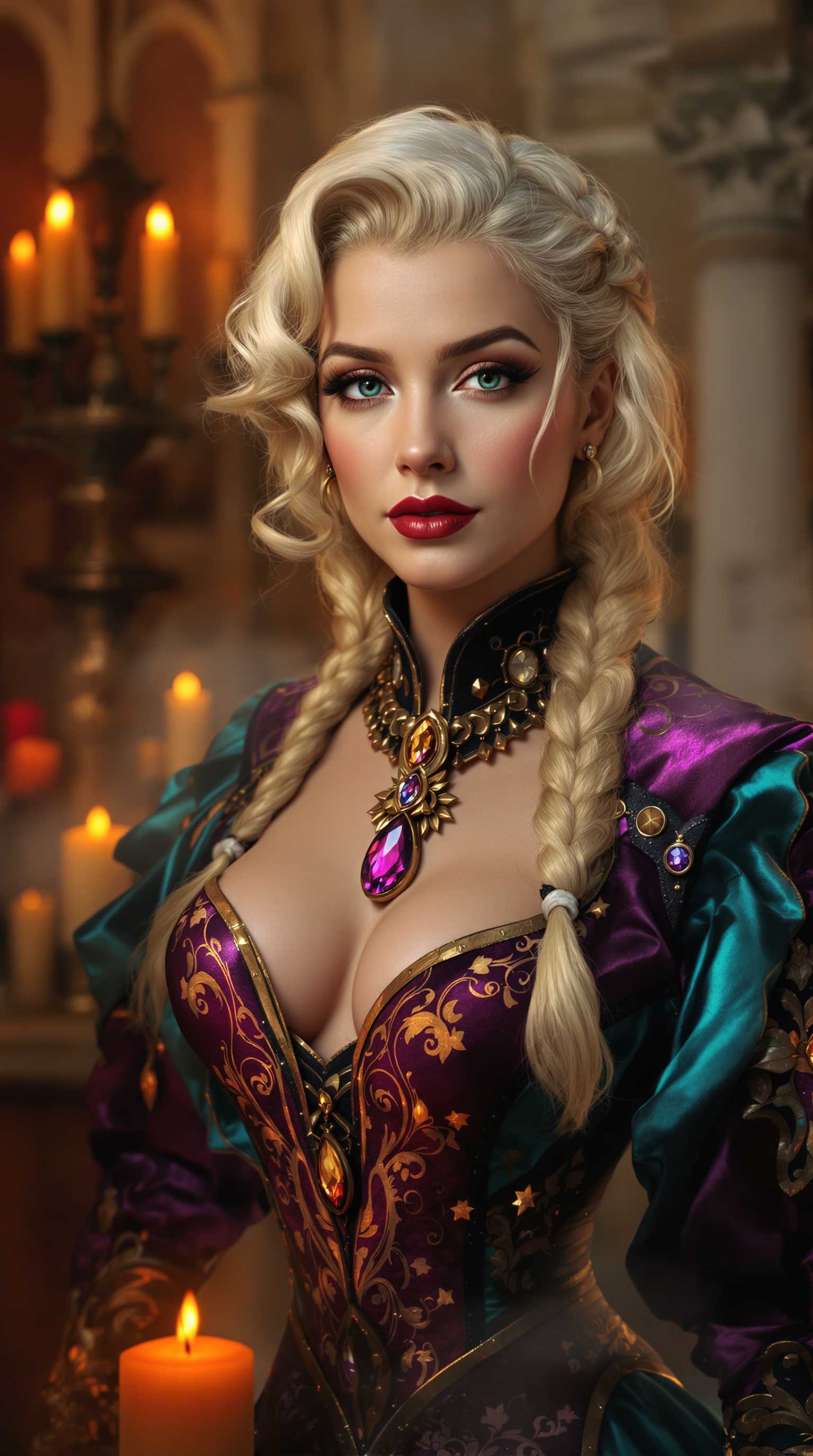 a photo of Marilyn Monroe, This image is a high resolution photograph that captures a closeup portrait of a blonde woman. The art style is reminiscent of fantasy or historical portraiture, with a focus on the subjects attire and the rich, atmospheric setting.Medium The image is a digital photograph, likely taken with a high quality camera and post processed to enhance the colors and details.Colors The color palette is warm and rich, with a predominance of earthy tones. The subjects hair is a pale blonde, which stands out against the darker tones of the clothing. The clothing itself is a deep, rich purple with a teal or aqua blue overlay, which adds a pop of color to the composition. The background is a mix of warm and cool tones, with a smoky, atmospheric quality that suggests a setting that is both ancient and mystical.Objects in the Image1. The subjects hair is styled in loose waves, with a braid that runs along the top of the head. A tear drop shaped gemstone is set in the braid, adding a touch of elegance.2. The subject is wearing a richly detailed garment that appears to be a historical or fantasy inspired outfit. The garment has a deep purple base with a teal or aqua blue overlay, and is embellished with intricate patterns and what looks like metalwork or embroidery.3. Around the neck, the subject wears a necklace with a large, similarly shaped gemstone, which matches the one in the braid.4. The background is a blend of architectural elements, with what appears to be stone columns and arches, giving the impression of an ancient or historical setting. There are also candle like objects that emit a warm, flickering light, contributing to the atmospheric quality of the scene.Overall, the image exudes a sense of mystique and elegance, with a focus on the subjects detailed costume and the atmospheric, historical setting.
