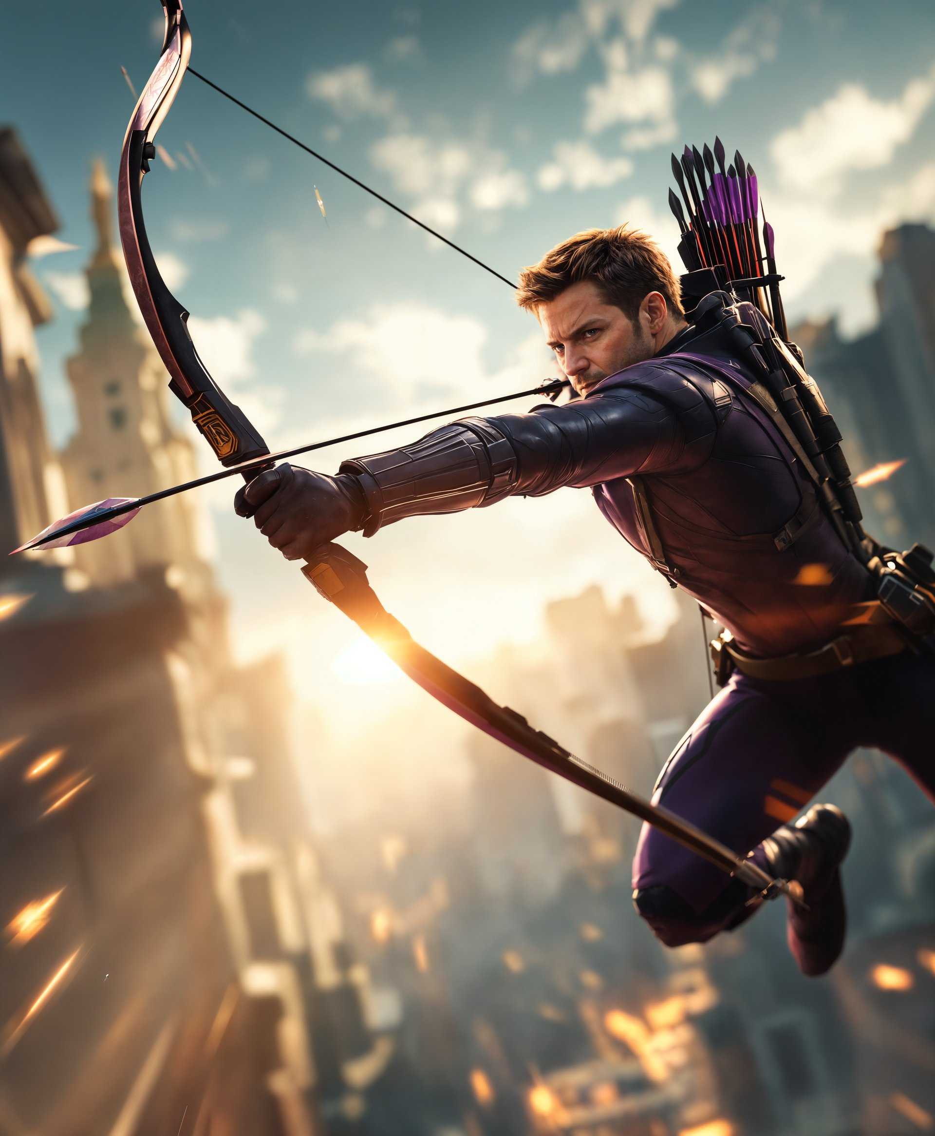 masterpiece, best quality, highres, sharp image, more detail, masterpiece, best quality, highres, sharp image, more detail, **A Cinematic Marvel Masterpiece:** 
- **Subject:** Hawkeye, portrayed as Clint Barton, in mid-air, capturing the peak of his jump, embodying the essence of a seasoned hero.
- **Action:** Hawkeye is dynamically releasing an arrow from his bow, showcasing his archery skills with an intense focus and determination in his eyes.
- **Visual Details:**
  - **Clothing:** Wearing his iconic purple and black suit, with intricate details like leather straps, quiver, and high-tech gadgets.
  - **Lighting:** A mix of natural daylight and dramatic, heroic lighting that highlights his silhouette, casting sharp shadows that emphasize his muscular form.
  - **Arrow:** The arrow should be in sharp focus, with minute details like fletching, arrowhead, and any special effects (e.g., energy trail or glow).
- **Style:** Capture the image in the style of a high-budget superhero film still, with a blend of realistic textures and a touch of comic book vibrancy.
- **Composition:** 
  - **Camera Angle:** Slightly below eye level to give Hawkeye a larger-than-life appearance, emphasizing his heroic stature.
  - **Framing:** Tight framing around Hawkeye, with enough space to show the arrow's trajectory, perhaps cutting off at the edges to imply motion.
  - **Depth of Field:** Shallow depth of field with the background slightly blurred to keep the focus on Hawkeye.
- **Mood and Atmosphere:** 
  - **Time of Day:** Midday, with bright, clear skies to enhance the vivid colors of Hawkeye's costume and the arrow's path.
  - **Ambiance:** A sense of anticipation and action, with the atmosphere charged with the energy of a hero in his element.
- **Technical Aspects:** 
  - **Focus:** Razor-sharp focus on Hawkeye's face and the arrow, with motion blur subtly applied to suggest speed.
  - **Color Palette:** Rich, saturated colors with contrast between the hero's suit and the environment to make him stand out.
  - **Dynamic Range:** High dynamic range to capture both the bright highlights of the arrow's energy and the shadows cast by Hawkeye's body.

This prompt aims to create a visually compelling, highly detailed image of Hawkeye in action, capturing his essence as a skilled archer and a revered hero.