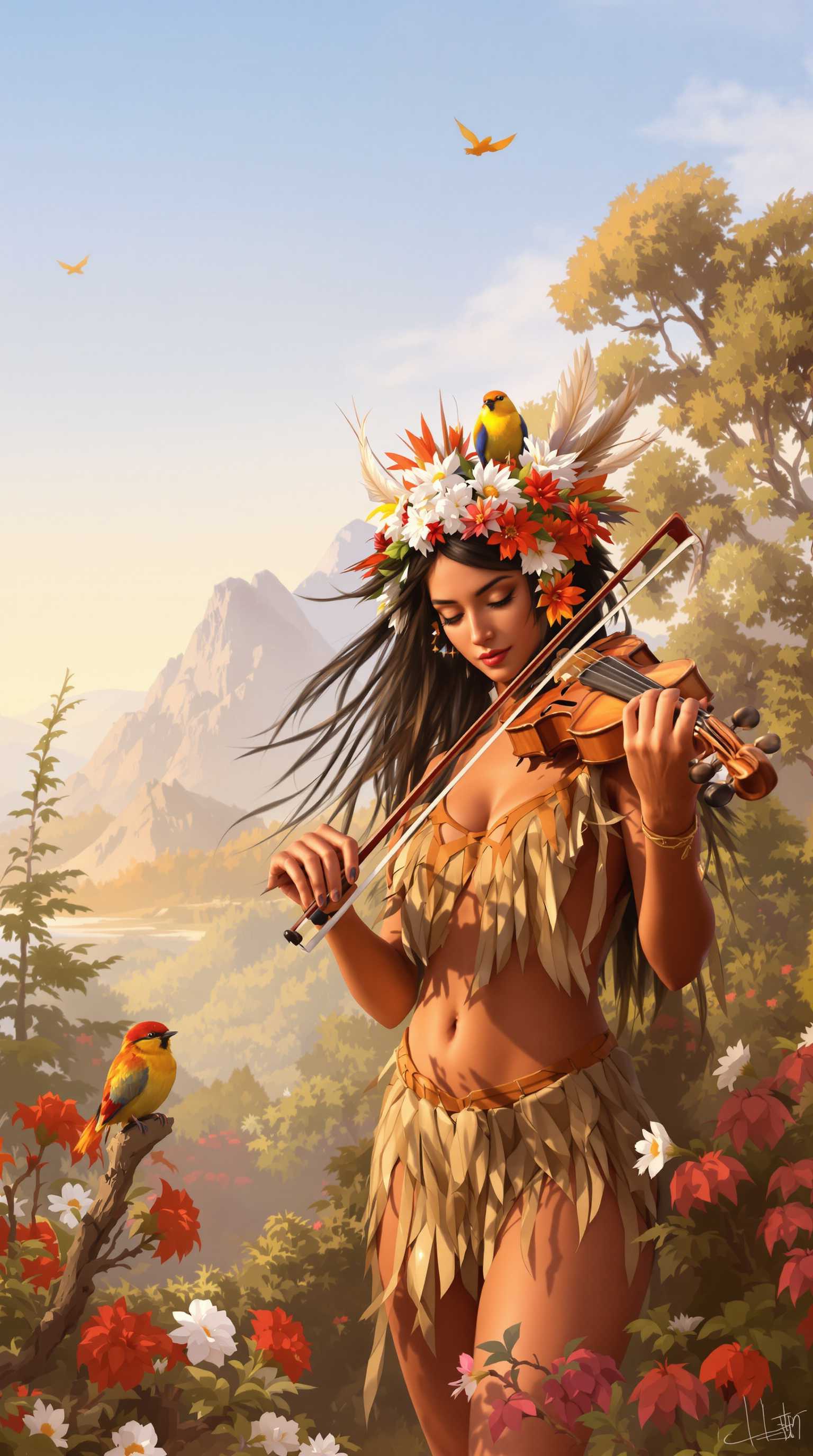 This is a digital painting that captures a moment of musical reverie. The art style is fantastical, with a touch of realism, employing a high level of detail and a rich, painterly quality. The medium appears to be a digital painting tool, given the smooth blending and gradients of color.The colors are warm and vibrant, with a predominance of earthy tones that give the image a grounded, natural feel. The palette is enlivened by pops of red and white flowers, which stand out against the more subdued background. The sky is a soft, pastel blue, suggesting a tranquil, almost ethereal atmosphere.The central figure is a woman with long, dark hair adorned with a variety of flowers and feathers, which adds a touch of the exotic and the wild. She is wearing a simple, fringed garment that suggests a primitive or tribal origin, further emphasizing her connection with nature. Her skin is a warm, sunkissed tone, and her posture is relaxed yet poised, indicating a moment of calm focus.She is playing a violin, which is a striking focal point. The violin is rich in detail, with realistic wood grains and strings, and it is held with a sense of familiarity and ease. The bow is in motion, suggesting the sound of music.There are several birds in the image, which add to the sense of harmony and tranquility. One bird is perched on the violins shoulder, another on the bow, and a third is perched on a branch in the lower left corner. These birds are rendered with a lifelike quality, with detailed feathers and a sense of movement.The background is a blend of natural elements, with trees, flowers, and a mountainous landscape that fades into a misty horizon. This setting complements the womans connection to nature and reinforces the theme of harmony between music and the environment.Overall, the image exudes a sense of peaceful coexistence, with music as the unifying force. The interplay of light and shadow, the careful rendering of textures, and the use of color all contribute to the paintings emotional depth and visual appeal.