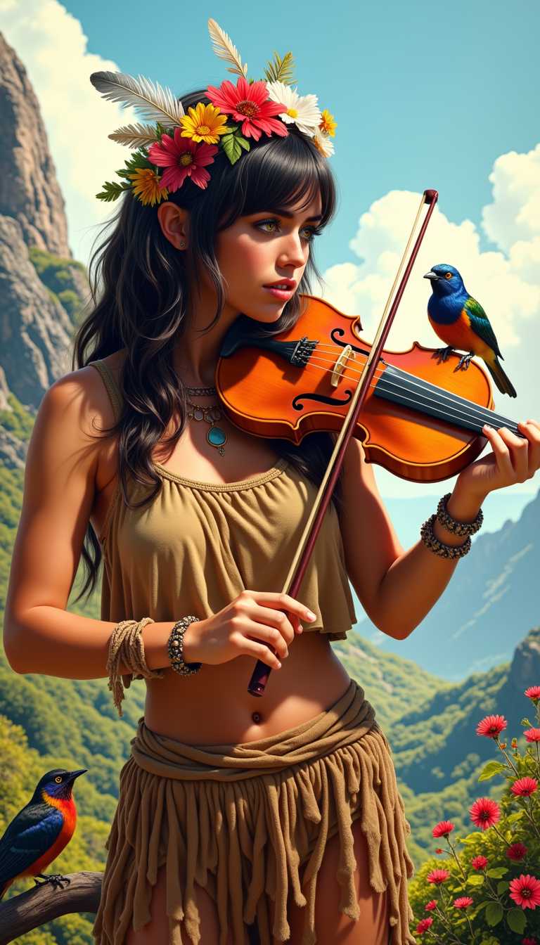 a photo of ANA$, This is a digital painting that captures a moment of musical reverie. The art style is fantastical, with a touch of realism, employing a high level of detail and a rich, painterly quality. The medium appears to be a digital painting tool, given the smooth blending and gradients of color.The colors are warm and vibrant, with a predominance of earthy tones that give the image a grounded, natural feel. The palette is enlivened by pops of red and white flowers, which stand out against the more subdued background. The sky is a soft, pastel blue, suggesting a tranquil, almost ethereal atmosphere.The central figure is a woman with long, dark hair adorned with a variety of flowers and feathers, which adds a touch of the exotic and the wild. She is wearing a simple, fringed garment that suggests a primitive or tribal origin, further emphasizing her connection with nature. Her skin is a warm, sunkissed tone, and her posture is relaxed yet poised, indicating a moment of calm focus.She is playing a violin, which is a striking focal point. The violin is rich in detail, with realistic wood grains and strings, and it is held with a sense of familiarity and ease. The bow is in motion, suggesting the sound of music.There are several birds in the image, which add to the sense of harmony and tranquility. One bird is perched on the violins shoulder, another on the bow, and a third is perched on a branch in the lower left corner. These birds are rendered with a lifelike quality, with detailed feathers and a sense of movement.The background is a blend of natural elements, with trees, flowers, and a mountainous landscape that fades into a misty horizon. This setting complements the womans connection to nature and reinforces the theme of harmony between music and the environment.Overall, the image exudes a sense of peaceful coexistence, with music as the unifying force. The interplay of light and shadow, the careful rendering of textures, and the use of color all contribute to the paintings emotional depth and visual appeal.