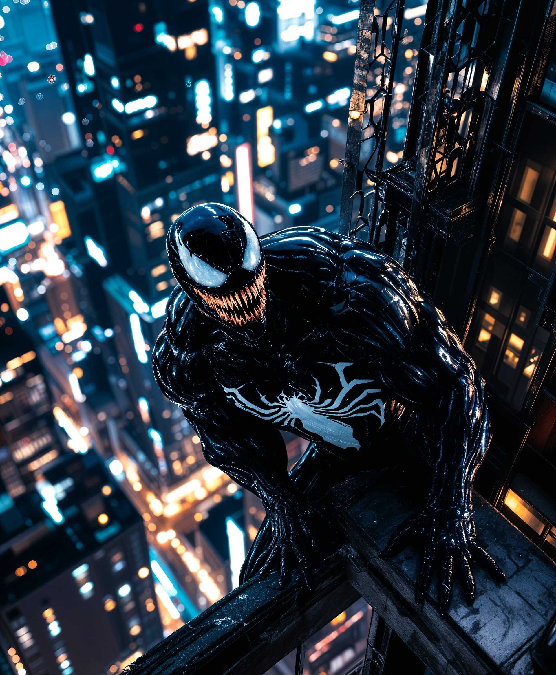 masterpiece, best quality, highres, sharp image, more detail <lora:more_details:0.5> <lora:SDXLrender_v2.0:1>, A high-resolution, detailed photograph of **Venom**, the iconic Marvel anti-hero, perched on the edge of a towering urban skyscraper. The scene captures Venom in a moment of contemplation, his muscular, sinewy form glistening under the harsh city lights. His **eyes** are piercing, reflecting the neon glow of the cityscape below, with an intense, predatory gaze aimed downward. 

- **Visual Details**: Venom's skin texture is slick and viscous, with a wet, glossy appearance that contrasts with the rough, textured surface of the concrete building. His iconic white spider-symbol on the chest is stark against the black of his body, illuminated subtly by the ambient light. The surrounding architecture is modern, with glass and steel reflecting the city lights, creating a stark contrast with Venom's organic, alien form.

- **Artistic Style**: Capture this in a cinematic style reminiscent of **sci-fi noir** photography, emphasizing deep shadows, high contrast, and dramatic lighting to enhance the ominous presence of Venom.

- **Composition**: The frame is set in a **low angle shot** looking up at Venom, emphasizing his towering presence over the city. The rule of thirds places Venom slightly off-center, allowing the viewer's eye to travel from the subject down towards the cityscape below, highlighting his control and dominance over the environment.

- **Mood and Atmosphere**: The atmosphere is tense and foreboding, with the night sky heavy with clouds, possibly hinting at an impending storm. The time is late evening, with the city lights casting long, eerie shadows, contributing to a sense of mystery and danger.

- **Technical Aspects**: Employ a **shallow depth of field** to isolate Venom against the cityscape, ensuring his figure is sharply in focus while the background blurs into a tapestry of light and shadow. Use **forced perspective** to exaggerate the height of the building, enhancing the scale of the scene.

This composition should evoke the raw power and alien nature of Venom, set against the backdrop of a city that seems both in awe and fear of his presence.