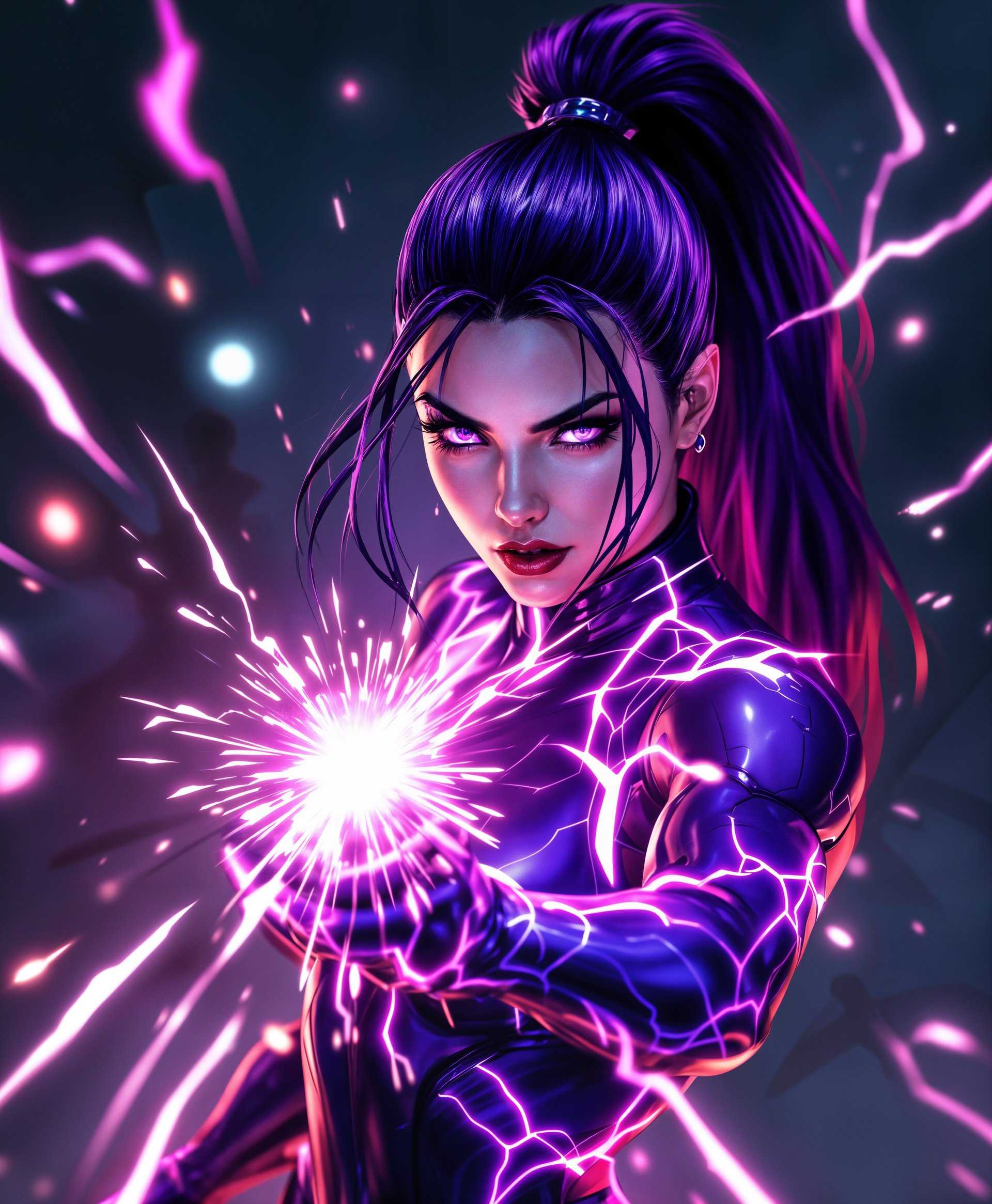 masterpiece, best quality, highres, sharp image, more detail, masterpiece, best quality, highres, sharp image, more detail, Create an ultra-high-definition portrait of Psylocke from Marvel Comics, showcasing her in the midst of combat. **Visual Details:** Her hair is a vibrant, shimmering purple, styled in a sleek, battle-ready ponytail. Her eyes are a piercing, unnatural violet, radiating psychic energy. She's clad in her iconic ninja-inspired costume, which is a deep, glossy purple with intricate, glowing blue and pink lines tracing her suit's contours, mimicking neural pathways. Her outfit should appear sleek, metallic, and form-fitting, highlighting her athletic build. **Lighting:** Use dramatic chiaroscuro lighting with a focus on the energy from her psi-knife and shurikens, casting intense shadows and highlights that emphasize her form and the action. **Style:** Blend elements of comic book art with hyperrealistic digital painting, capturing the essence of Psylocke with a modern, high-gloss finish. **Composition:** Psylocke is positioned in a dynamic, mid-action pose, her body slightly turned to the side, her arms extended in a throwing motion. The camera angle is low, looking up at her, making her appear powerful and dominant. Shurikens, glowing with psychic energy, are caught in mid-air around her, some in motion blur to show speed. **Mood and Atmosphere:** The scene exudes intensity and concentration, set in a twilight environment with a backdrop of a dark, urban landscape, suggesting a covert operation or ninja mission. **Technical Aspects:** Employ a shallow depth of field to focus on Psylocke, with her psi-knife and shurikens in sharp focus, while the background is slightly blurred, enhancing the sense of speed and action. Use motion blur on the shurikens to capture their flight, and ensure the lighting enhances the reflective properties of her costume. **Cohesion:** The entire scene should blend seamlessly, with each element contributing to the narrative of Psylocke as a formidable, mystical warrior, ready for battle in the shadows of the city.
