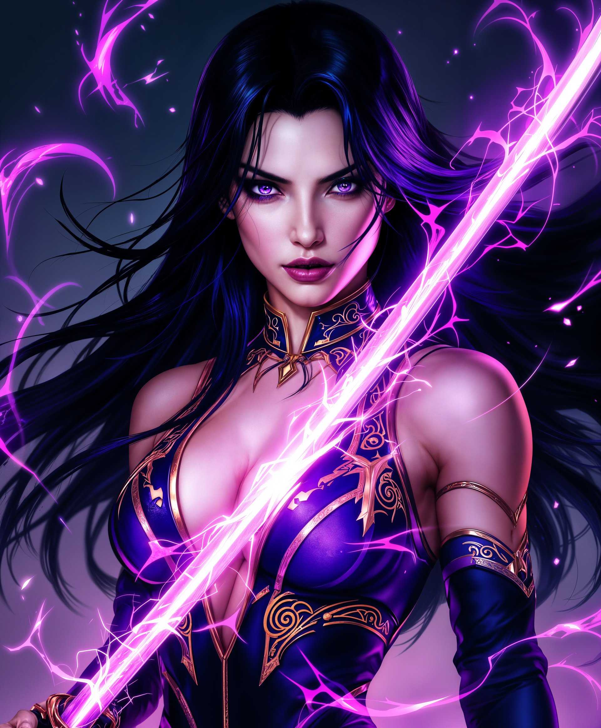 masterpiece, best quality, highres, sharp image, more detail, masterpiece, best quality, highres, sharp image, more detail, masterpiece, best quality, highres, sharp image, more detail, **Prompt for High-Quality AI Image Generation:**

Subject: Psylocke from Marvel Comics

- **Visual Details:** 
  - *Costume:* Psylocke in her classic purple and black ninja outfit with gold accents, showcasing intricate embroidery and a shiny, metallic sheen. Her skin is flawless with a slight iridescent glow.
  - *Hair:* Long, flowing, jet-black hair with a deep, rich blue hue in the highlights, styled in a sleek, battle-ready manner.
  - *Eyes:* Piercing deep violet eyes with a subtle psychic energy glow, reflecting her telepathic and telekinetic abilities.
  - *Weapons:* Holding her signature psychic katana, its blade shimmering with a violet aura.
  - *Surrounding:* Elements of her psychic abilities manifested as ethereal, swirling violet and magenta energy around her.

- **Style:**
  - *Artistic Influence:* Inspired by the detailed and dynamic work of comic artists like Jim Lee, with a touch of realism akin to Dave Rapoza's digital paintings.
  - *Photography Technique:* Utilizes techniques like depth of field to focus on Psylocke, with a bokeh effect in the background, and high dynamic range (HDR) for vivid colors and contrast.

- **Composition:**
  - *Camera Angle:* Low angle shot to emphasize her strength and presence, with the camera slightly tilted to add dynamism.
  - *Framing:* Psylocke is framed in a heroic pose, centered with her katana extended outward, creating a leading line that draws the eye into the image.

- **Mood and Atmosphere:**
  - *Setting:* A mysterious, futuristic cityscape at twilight, with neon lights and holographic displays, reflecting the cyberpunk aesthetic of modern Marvel settings.
  - *Time of Day:* Just as the sun sets, casting a warm, golden light that contrasts with the cool, neon-lit environment.
  - *Weather:* A light, ethereal mist or fog swirling around, adding to the otherworldly atmosphere.

- **Technical Aspects:**
  - *Resolution:* 8K resolution for unparalleled detail and texture clarity.
  - *Lighting:* Use of rim lighting to highlight Psylocke's silhouette, with a mix of soft and hard light sources to create depth and drama.
  - *Color Grading:* A palette that blends rich purples, deep blues, and vibrant magentas with contrasting cool tones to enhance the otherworldly feel.

- **Cohesion:** 
  - All elements should converge to create a scene