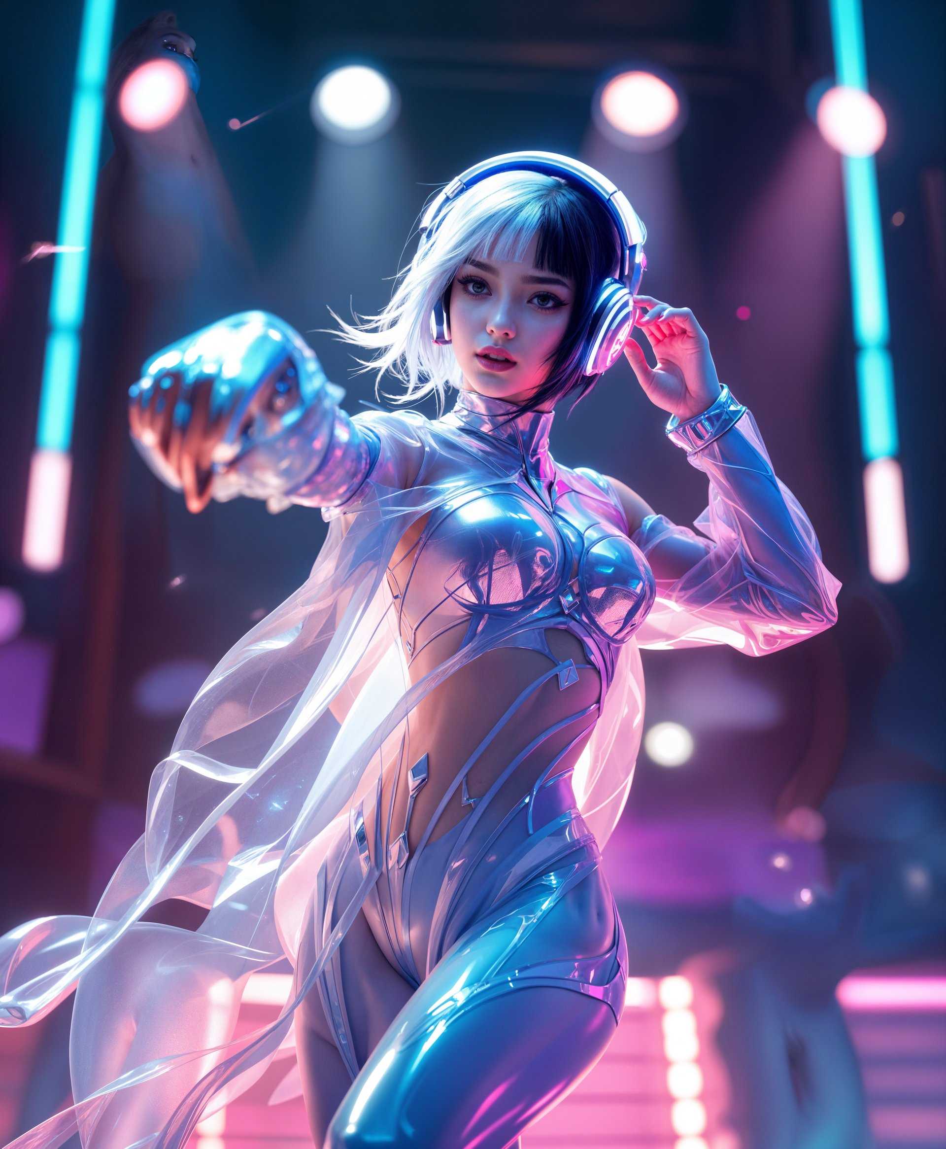 Capture a dynamic and vibrant portrait of **Luna Snow** from Marvel Rivals, mid-dance, exuding energy and grace. Here's the detailed prompt:

- **Subject**: Luna Snow, a young K-pop star turned superhero, with her signature half black, half white hair styled in a sleek, dynamic cut that reflects her vibrant personality.
  
- **Action**: She is in the midst of a dance move, her body fluid and expressive, with one arm extended gracefully, the other holding her headphones in place, suggesting she's lost in the rhythm of her music.

- **Attire**: Luna wears a futuristic, form-fitting K-pop inspired outfit, shimmering with silver and blue tones, reflecting her ice powers and star status. The outfit should have fluid, flowing elements to accentuate her dance.

- **Headphones**: Her headphones are large, over-ear, and sleek, with a futuristic design, possibly incorporating elements of her ice motif or glowing with a soft blue light.

- **Background**: A stage illuminated by neon lights, with abstract patterns and light streaks that mirror her dance movements, creating a sense of motion and energy. The background should subtly reflect her ice abilities with icy blue hues and frost-like textures.

- **Lighting**: Dynamic stage lighting with focused beams creating shadows and highlights on Luna, emphasizing her dance's energy and the texture of her hair and outfit.

- **Style**: The image should evoke a modern, pop art style with influences from K-pop music videos, using sharp contrasts, bold lines, and vibrant colors to capture her vivacity and the electrifying atmosphere of her performance.

- **Mood**: Exude an atmosphere of excitement, youthfulness, and empowerment. The scene should feel alive, with a sense of movement and the thrill of a live performance.

- **Technical Aspects**: Utilize motion blur to capture the speed and fluidity of her dance, with selective focus to highlight Luna while allowing parts of the background to blur, enhancing the depth of field.

- **Composition**: Luna should be centrally positioned, with her dance move filling the frame, her gaze directed towards the camera to engage the viewer directly, creating an intimate connection despite the energetic setting.

- **Artistic Influences**: Incorporate elements reminiscent of iconic dance photography by artists like Annie Leibovitz or the dynamic, fluid lines found in the works of Egon Schiele, adapted to a modern, pop culture context.