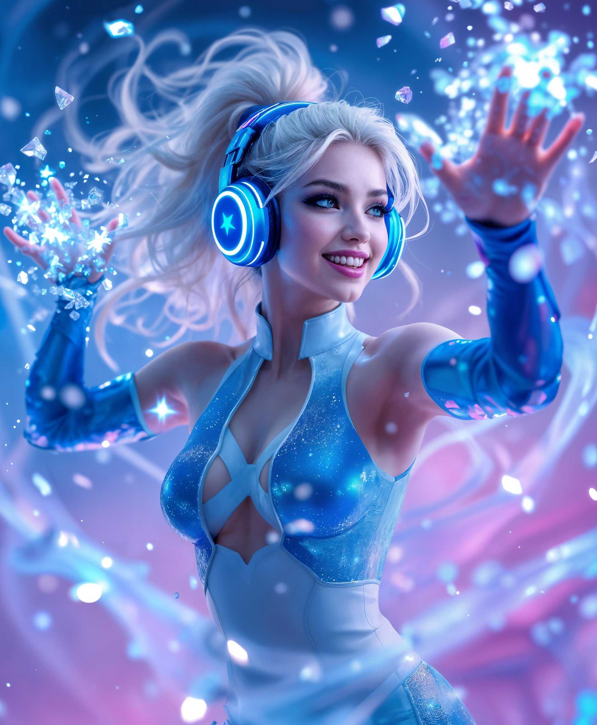 masterpiece, best quality, highres, sharp image, more detail, masterpiece, best quality, highres, sharp image, more detail, **Subject**: A dynamic portrait of Luna Snow from Marvel, captured mid-dance with a sense of joy and freedom.

**Visual Details**: 
- Luna Snow is depicted with her signature ice powers subtly emanating from her hands, creating delicate ice crystals that shimmer in the air around her.
- Her headphones are a vibrant, futuristic design, with LED lights that glow softly, reflecting off her skin and the ice.
- She wears a sleek, modern outfit in shades of blue and white, with elements of her costume reflecting her ice theme; the fabric has a slight reflective quality, suggesting a shimmering, icy texture.

**Style**: 
- The style is hyper-realistic with a touch of fantasy, reminiscent of high-end fashion photography with a magical twist. 
- Employ techniques like soft focus around the edges, with sharp focus on Luna Snow to highlight her as the central figure.

**Composition**: 
- Luna is positioned in the center of the frame, with her body angled slightly to the left, allowing space for the ice crystals to form a dynamic, swirling pattern around her.
- The camera angle is at eye level, providing an intimate, engaging perspective. 
- The framing is close, focusing on her upper body and face, capturing the emotion in her eyes and the movement of her dance.

**Mood and Atmosphere**: 
- The mood is uplifting and energetic, conveying Luna's love for music and dance.
- The atmosphere is cool and slightly misty, with a soft, blue-tinted light suggesting a serene, wintery environment, yet the scene is filled with warmth and life from Luna's vibrant dance.

**Technical Aspects**: 
- Use a shallow depth of field to isolate Luna Snow, with a bokeh effect in the background to enhance the magical atmosphere.
- Implement a high key lighting setup to give a luminous, ethereal glow to Luna's skin and the ice around her, with subtle rim lighting to outline her figure against the darker background.

**Cohesion**: 
- The scene combines elements of dance, ice, and modern technology, all unified by Luna Snow's character and her interaction with music, creating a believable, yet fantastical moment in her world.