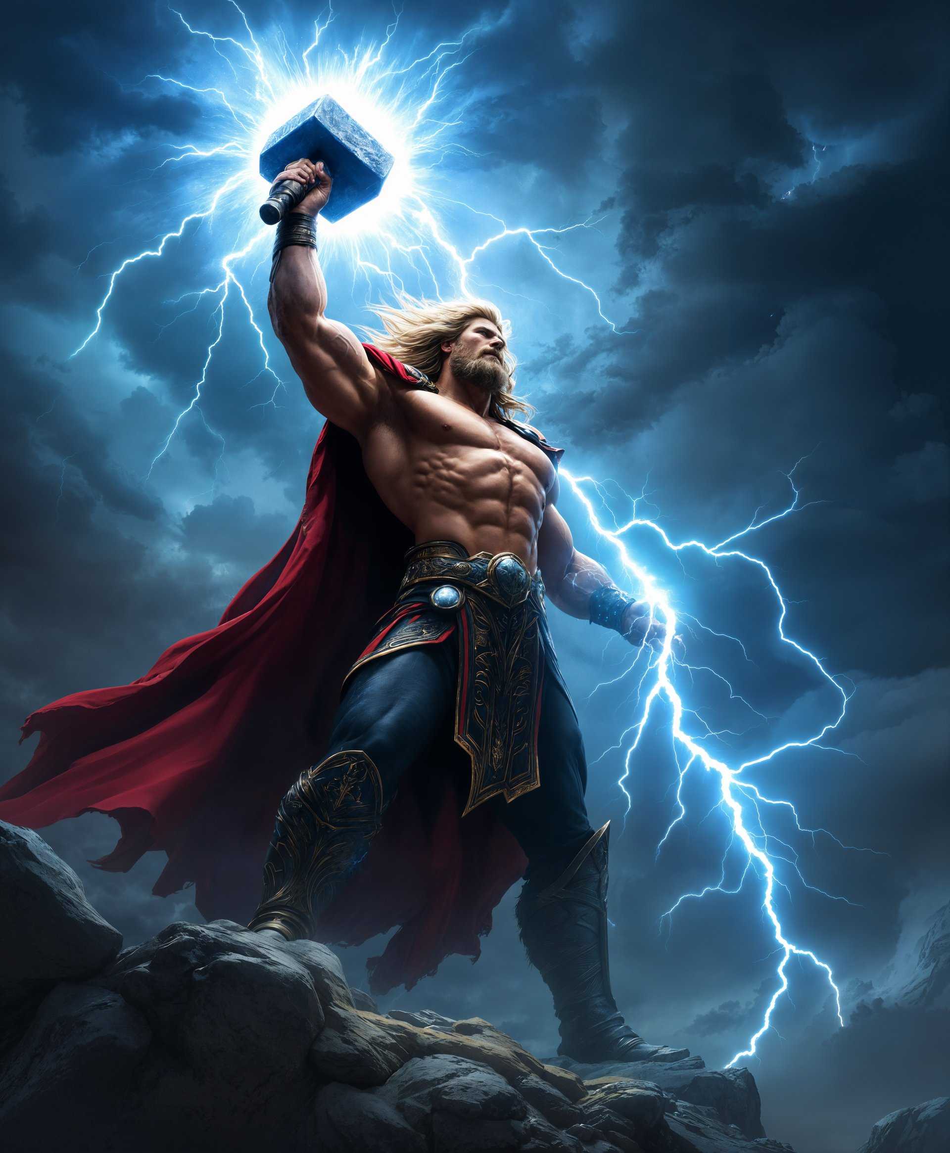 In an epic, mythical tableau, **Thor, the Norse God of Thunder**, reigns supreme. This towering, muscular deity stands with an expression of fierce determination, his wild hair flowing in the tempestuous winds. **Visual Details**: His hammer, **Mjolnir**, intricately etched with ancient runes, is raised high above his head, emitting a powerful, radiant **lightning strike** that pierces the dark sky. Thor's armor, a testament to divine strength, features ornate textures and symbols of his heritage, glowing with the energy of the storm. The sky above is a canvas of dark, swirling clouds, punctuated by electric blue and white lightning bolts that seem to originate from Mjolnir, creating a visual symphony of power. 

**Style**: The scene captures the grandeur of epic fantasy art, blending the dramatic lighting of John Martin with the cinematic scale of Frank Frazetta, yet adding a modern twist for enhanced realism.

**Composition**: Thor is the central, dominating figure, slightly off-center to allow the stormy sky to sprawl behind him. The camera angle is low, looking up at Thor, emphasizing his towering presence and the descent of lightning. The framing includes the vast, roiling sky, with lightning bolts guiding the eye towards Thor and his hammer.

**Mood and Atmosphere**: The atmosphere is charged with the energy of the storm, thick with the scent of ozone and the promise of thunder. The time is eternal, with the storm creating a timeless quality, emphasizing Thor's command over the elements at any moment.

**Technical Aspects**: Employ HDR techniques to capture the intense contrast between the vivid lightning strikes and the deep, dark clouds. A shallow depth of field keeps Thor sharply in focus, while the background blurs slightly, emphasizing his role as the central figure in this divine display.

**Cohesion**: Every element, from Thor's detailed depiction to the dynamic storm clouds, works in harmony to create a believable, awe-inspiring scene that embodies the essence of Thor, the God of Thunder, in his element.