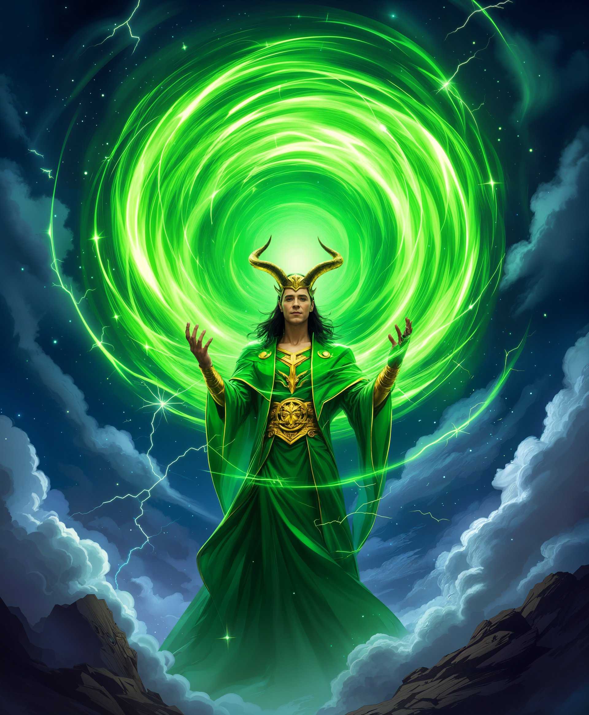 ```plaintext
Craft an epic portrait of Loki from Marvel Comics, in the midst of summoning a colossal green portal. 

**Subject**: 
- **Loki**: His expression should capture his cunning and mischievous nature, with eyes alight with magic, his posture regal yet dynamic. His costume is a vibrant emerald green with ornate gold accents, including his iconic horned helmet.

**Visual Details**: 
- **Portal**: The portal is a swirling vortex of green energy, with hints of darker greens and black, suggesting depth and instability. Sparks and small arcs of lightning dance around its edges.
- **Environment**: The background is a dramatic, stormy sky with dark clouds, yet the portal's light casts an eerie green glow, highlighting Loki’s features.

**Artistic Style**: 
- **Style**: Emulate the vivid, dynamic style of comic book art, with sharp lines, high contrast, and bold color use reminiscent of artists like Jack Kirby or Olivier Coipel.
- **Technique**: Use digital painting techniques to give depth to the scene, with layers of color and light to mimic the energy emanating from the portal.

**Composition**: 
- **Framing**: Loki stands at the center, slightly off-center to the left, with the portal dominating the right side, creating a balance between figure and effect.
- **Camera Angle**: A low angle shot, looking up at Loki, enhancing his god-like stature and the scale of the portal.

**Mood and Atmosphere**: 
- **Time**: The scene is set at dusk, with the last light of day clashing with the unnatural glow of the portal.
- **Ambiance**: The atmosphere is charged with tension and anticipation, with the air thick with magic and the unknown.

**Technical Aspects**: 
- **Lighting**: Use chiaroscuro to highlight Loki’s features and the portal, with shadows playing across his face to add depth.
- **Color Palette**: Dominant greens for the portal, with a stark contrast of gold on Loki’s costume, and darker hues for the surrounding environment to focus attention on the main subjects.
- **Detail**: Focus on the intricate details of Loki’s costume, the texture of his armor, and the ethereal quality of the portal's energy.
```