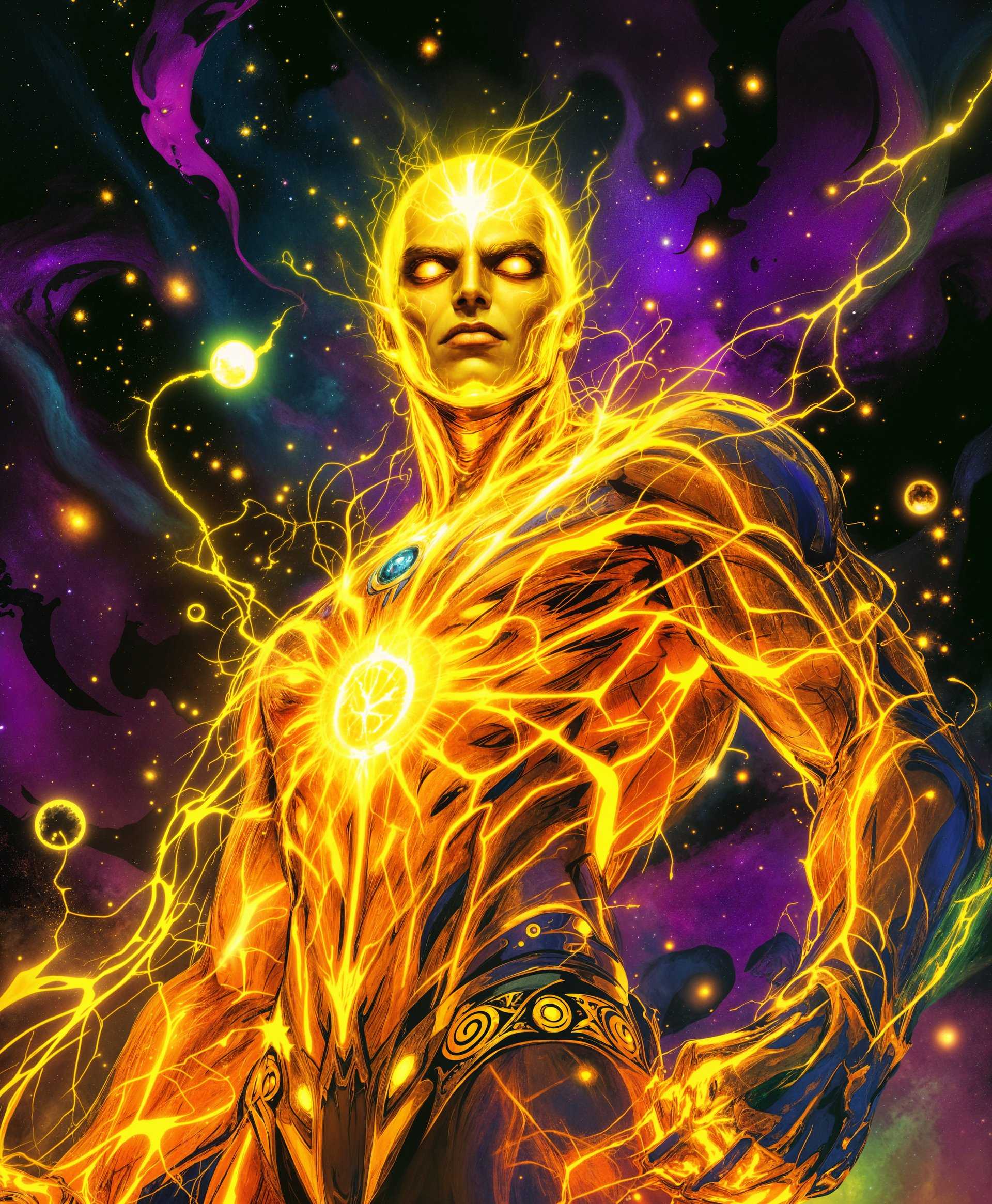 A **dynamic and sinister portrait** of Adam Warlock from Marvel Rivals, focusing on:

- **Visual Details**: His golden skin should shimmer with a metallic texture, eyes glowing with an intense, almost otherworldly light. His outfit must be detailed with futuristic, cosmic patterns, emphasizing his alien origin. The background should feature swirling, abstract cosmic energies in deep purples, blues, and greens, creating a stark contrast with his vibrant appearance.

- **Style**: Inspired by the gritty, high-contrast style of comic book art, particularly from the darker, more intense runs of Marvel comics, with a nod to the visual flair of '70s psychedelic art.

- **Composition**: Adam Warlock is positioned centrally, his gaze piercing the viewer, with his body slightly turned to the side to showcase his muscular form. The camera angle is slightly low, making him appear larger than life, imposing. His pose should convey both power and an underlying sense of unease or tension.

- **Mood and Atmosphere**: The atmosphere is charged with an ominous, foreboding energy. The time setting feels timeless, a moment out of time where the universe itself seems to bend around him. Lighting should be dramatic, with harsh shadows and highlights that accentuate his features, creating a chiaroscuro effect.

- **Technical Aspects**: Utilize techniques like selective focus to blur the cosmic background, ensuring Adam Warlock remains the focal point. Employ digital painting techniques to achieve depth in his metallic skin and the fluidity of his cosmic energy aura.

- **Cohesion**: The portrait must encapsulate the duality of Adam Warlock - his divine power juxtaposed with the darkness within, creating a compelling narrative through visual storytelling alone.