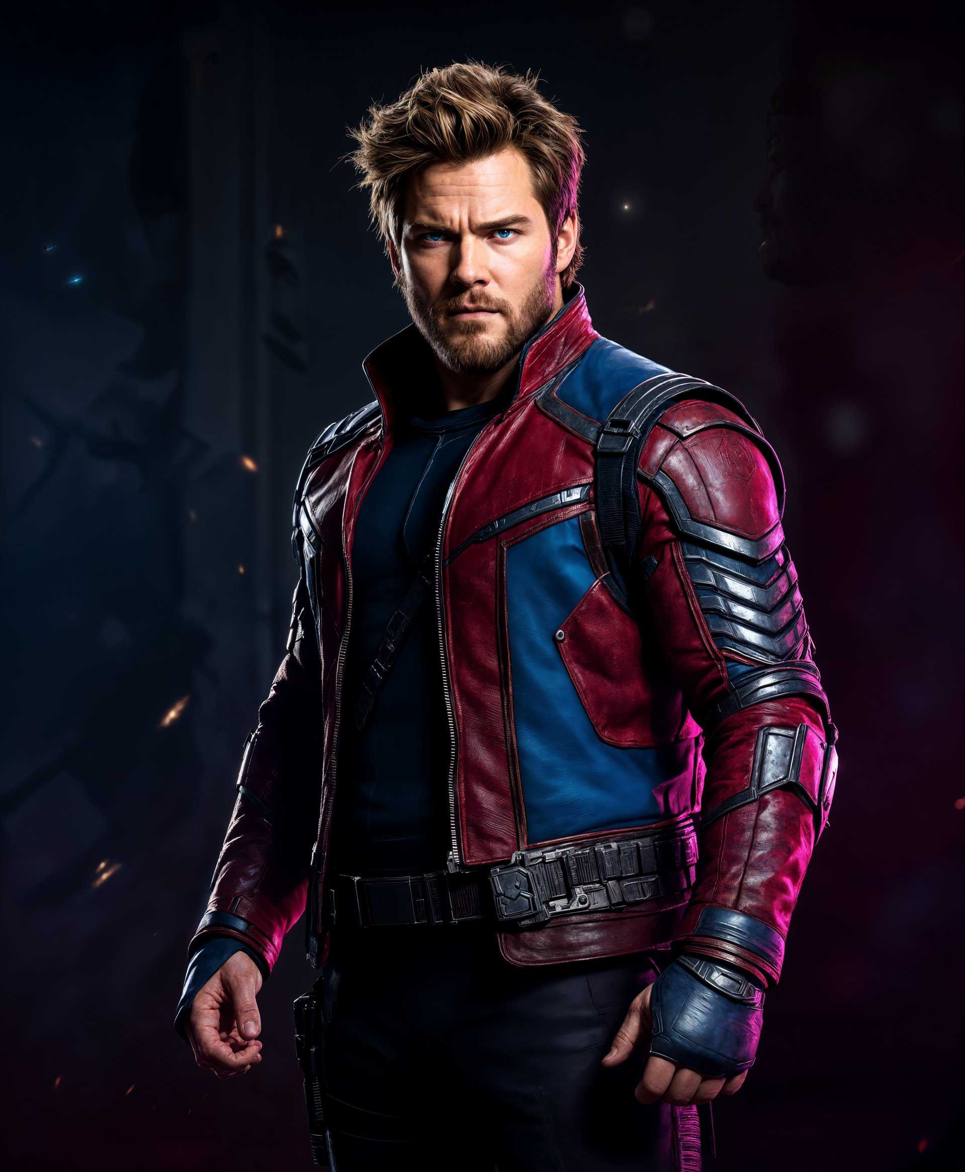 masterpiece, best quality, highres, sharp image, more detail, masterpiece, best quality, highres, sharp image, more detail, **Subject**: Star-Lord from Marvel Rivals Game, portrayed by Chris Pratt with a rugged, battle-ready look. His hair is slightly tousled, and his face is set with a determined, focused expression.

**Costume**: Wearing his iconic suit, a fusion of futuristic armor and weathered leather, with intricate detailing on the chest plate, shoulder pads, and boots. The suit features vibrant red, blue, and silver colors, showing signs of wear and tear from his adventures.

**Lighting**: Backlit with a soft rim light to outline his silhouette against a dark, gritty background. A key light at a slight angle illuminates his face, emphasizing the intensity in his eyes and the texture of his costume.

**Style**: Cinematic with a touch of comic book realism, reminiscent of a still from a Marvel movie. The scene has a slight lens flare to enhance the sci-fi feel, with dynamic, high-contrast tones to emphasize the action and anticipation.

**Composition**: Star-Lord is centered, filling most of the frame. His arms are outstretched, gripping his blasters, creating a strong diagonal line leading the eye through the image. The camera angle is low, looking up at him to accentuate his heroic stature.

**Mood and Atmosphere**: Tense and charged with adrenaline, capturing the calm before the storm. The lighting and composition suggest a moment of quiet before Star-Lord unleashes his firepower, enhancing the anticipation of the upcoming battle.

**Technical Aspects**: Shallow depth of field to blur the background, focusing attention on Star-Lord. High shutter speed to freeze the action, and a wide aperture for a cinematic bokeh effect, enhancing the movie-like quality of the image.

**Cohesion**: All elements combine to create a believable, high-energy scene from a Marvel movie, where Star-Lord's readiness for battle is palpable, his posture and expression conveying his readiness to confront an unseen threat.