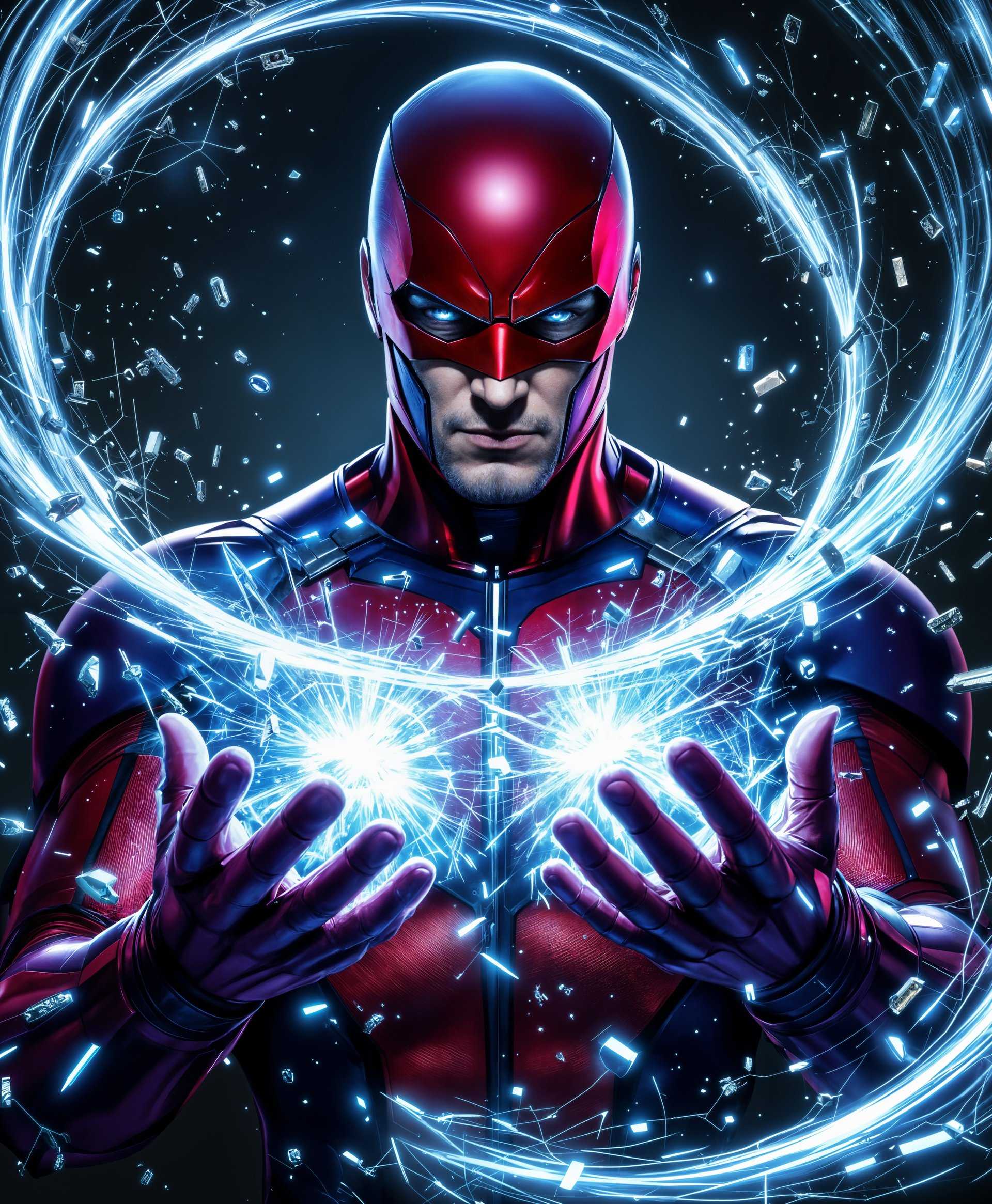 masterpiece, best quality, highres, sharp image, more detail, masterpiece, best quality, highres, sharp image, more detail, **Prompt:**

A captivating, magnetic portrait of Magneto from Marvel's X-Men, showcasing his formidable powers in action:

- **Visual Details:** 
  - Magneto is depicted in his iconic red and purple suit, with the helmet slightly askew to reveal his intense, focused eyes. 
  - His hands are outstretched, manipulating a swirling vortex of metal objects around him, which include sharp, twisted pieces of metal, bolts, and wires, all glowing with a magnetic blue aura.
  - The texture of his costume is metallic and slightly reflective, catching the light in a way that highlights his muscular form.

- **Style:**
  - The image adopts a neo-futuristic style, blending hyper-realism with abstract elements to emphasize the surreal nature of his powers.
  - The use of chiaroscuro enhances the dramatic effect, with deep shadows and bright highlights.

- **Composition:**
  - Magneto is centrally positioned, filling the frame, with his figure slightly tilted to convey dynamic movement.
  - The camera angle is slightly low, looking up at him, which adds to his imposing presence.
  - The background consists of a dark, stormy sky with lightning, subtly reflecting off the metallic elements.

- **Mood and Atmosphere:**
  - The atmosphere is charged with tension and energy, as if the very air is vibrating with magnetic force.
  - The scene is set at twilight, with the sky a mix of deep purples and blues, contributing to an ominous, powerful mood.

- **Technical Aspects:**
  - Use of motion blur on the metal objects to indicate their rapid movement.
  - High contrast and saturation to make the colors pop and enhance the drama.
  - Depth of field focuses sharply on Magneto, with the metal objects slightly out of focus to draw attention to him.

- **Cohesion:**
  - Every element from the costume, lighting, and metal manipulation to the stormy backdrop works in harmony to create a scene that feels both fantastical and grounded, showcasing Magneto's mastery over magnetism in a visually compelling narrative.