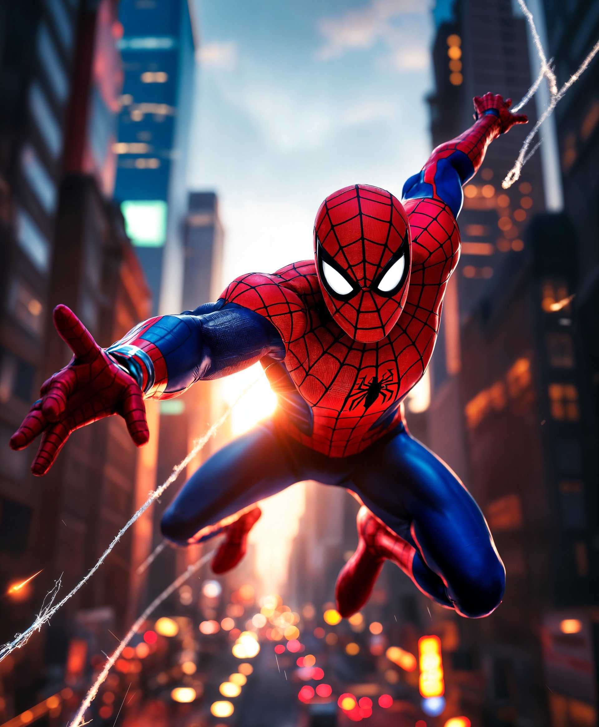 masterpiece, best quality, highres, sharp image, more detail, masterpiece, best quality, highres, sharp image, more detail, A dynamic, high-contrast portrait of Spiderman from *Marvel Rivals*, showcasing his superpowers in action. The scene is set in a bustling urban environment at twilight, with a backdrop of skyscrapers illuminated by the fading sunlight. **Visual Details**: Spiderman's iconic red and blue suit is rendered with detailed textures, highlighting the fabric's elasticity and the intricate webbing pattern. His mask reflects light, creating highlights and shadows that accentuate the mask's eye lenses, giving them a glowing, almost supernatural appearance. His body is in mid-motion, muscles tensed as he swings through the air, with webbing trailing behind him, each strand glistening like a silver thread. **Style**: Capture the essence of comic book art with bold lines, vibrant colors, and exaggerated poses, reminiscent of the classic Spiderman comic panels, but with a modern, cinematic twist. **Composition**: Spiderman is the focal point, positioned slightly off-center, with the camera angle capturing him from below, enhancing his heroic stature. The cityscape frames him, with buildings at an angle to create a sense of movement and speed. **Mood and Atmosphere**: The atmosphere is electric with the energy of his powers, with ambient city lights casting an orange glow, contrasting with the cool blue of his webbing. The mood is intense, filled with the anticipation of action and adventure. **Technical Aspects**: Use depth of field to blur the background, emphasizing Spiderman's presence, and employ motion blur on the webbing to illustrate his speed. Lighting should be dramatic with hard shadows and bright highlights to enhance the comic book feel.