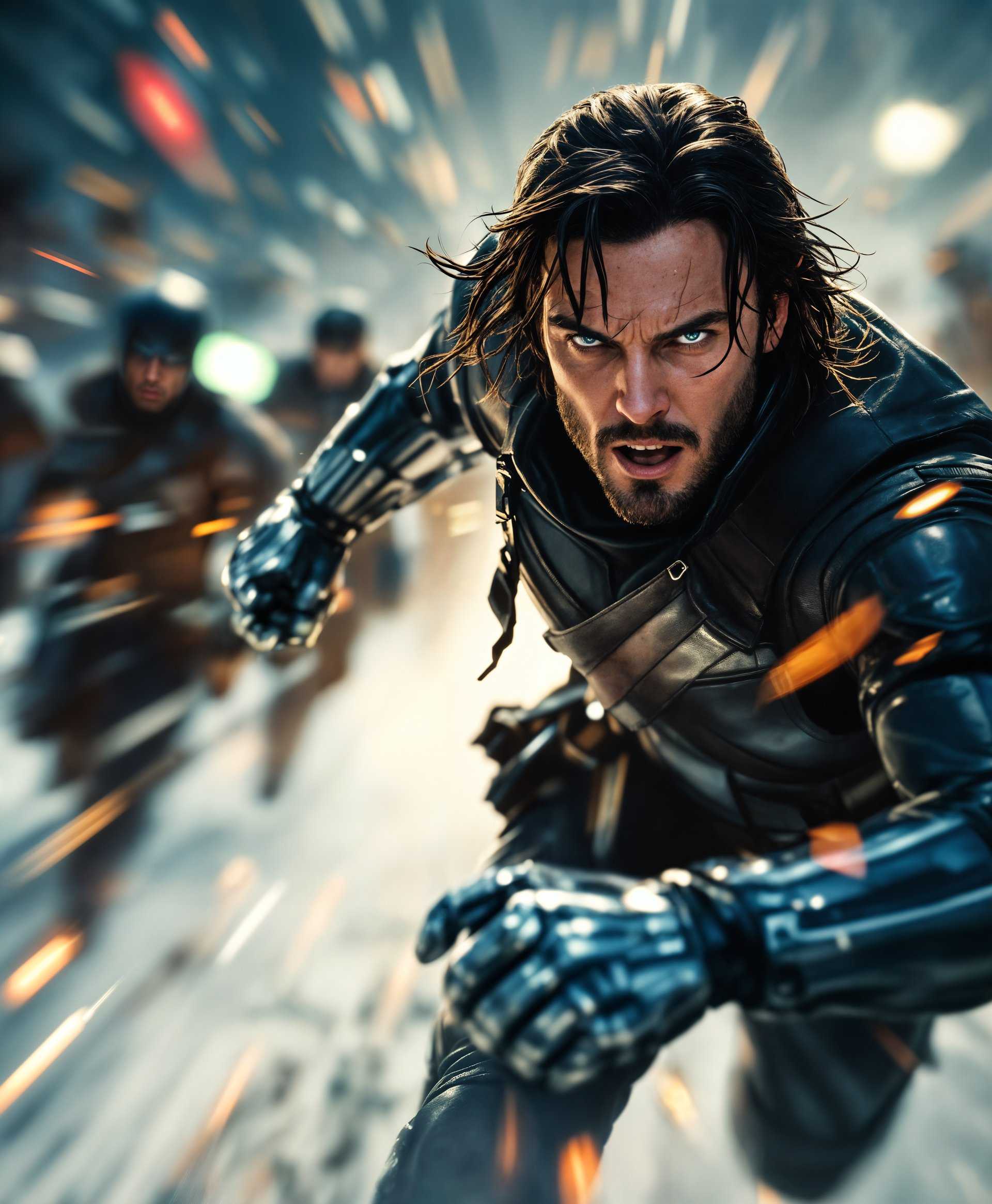 masterpiece, best quality, highres, sharp image, more detail, A dynamic, high-contrast portrait of the **Winter Soldier** from Marvel's cinematic universe, showcasing his intense determination as he **runs to defend his comrades**. The scene captures:

- **Visual Details:** His metallic arm glinting with a cold, steely sheen, contrasted by the dark, weathered leather of his uniform. His eyes are piercing, filled with a mix of resolve and urgency. The background is a blur of motion, suggesting speed and urgency.

- **Style:** Employing a cinematic, action-oriented style reminiscent of high-stakes superhero films, with a focus on dramatic lighting and depth of field to highlight the subject.

- **Composition:** Winter Soldier is framed in a dynamic, diagonal composition, his body angled towards the viewer, one foot forward, creating a sense of forward momentum. The camera angle is slightly low to emphasize his heroic stature.

- **Mood and Atmosphere:** The atmosphere is charged with tension, the light is harsh and directional, casting long shadows and emphasizing the urgency of the moment. The air seems to crackle with the impending action.

- **Technical Aspects:** Utilize a shallow depth of field with a fast shutter speed to freeze the action, capturing the intensity of his gaze and the fluidity of his movement. The image should evoke the sense of a still from a high-intensity movie scene.

- **Cohesion:** Every element, from the choice of lighting to the blur of the background, works to underscore Winter Soldier's role as a defender, his readiness to act, and the critical moment of decision and movement.