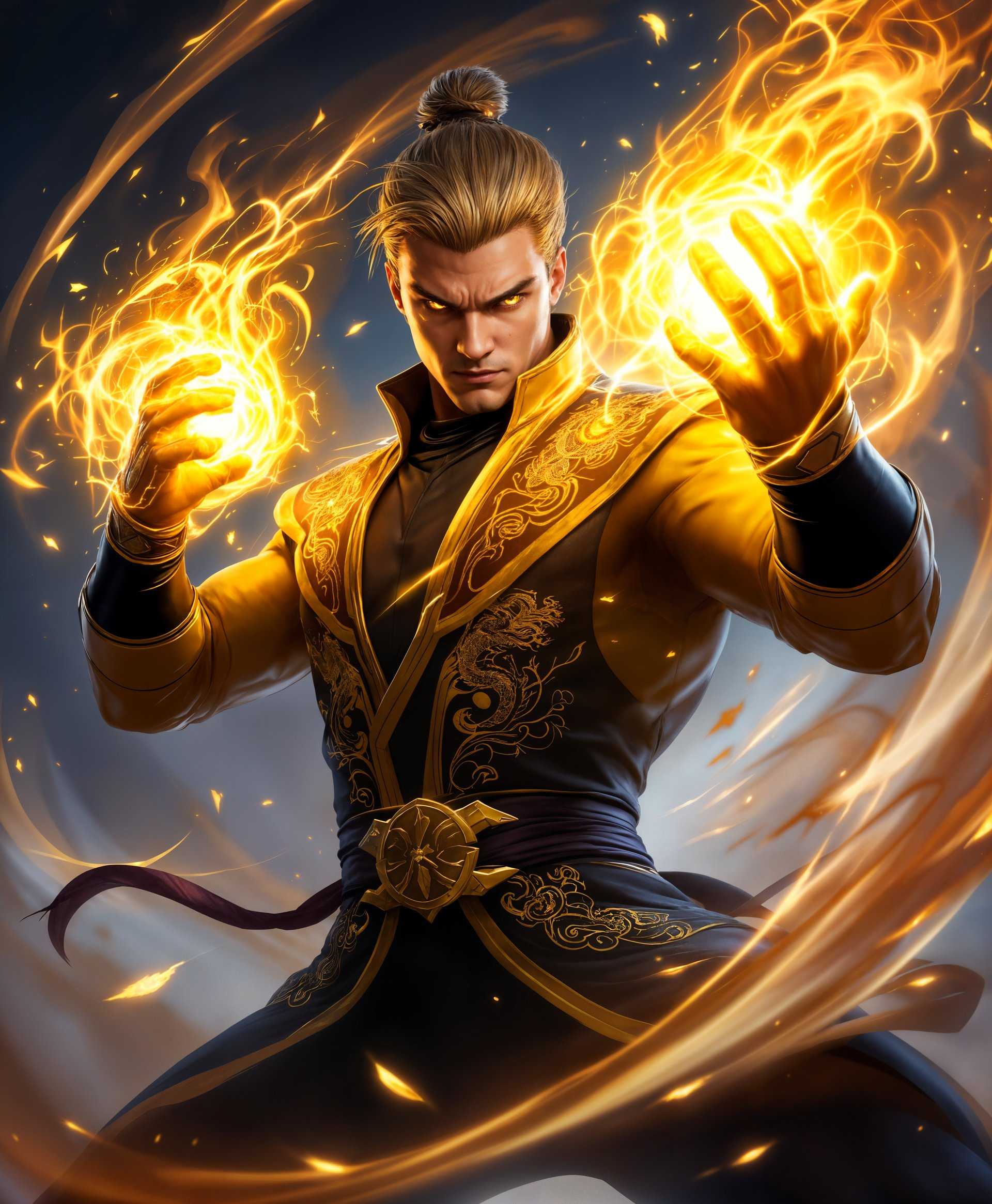 masterpiece, best quality, highres, sharp image, more detail, A dynamic and **hyper-detailed** portrait of **Iron Fist** from the game *Marvel Rivals*, **mid-action** using his super powers. Capture him in a **dramatic stance**, with **fists glowing with a mystical, fiery energy** that **emanates a golden light** casting **soft shadows and highlights** on his face and costume. His **eyes are intensely focused**, reflecting the same golden hue. 

**Visual Details:**
- **Costume:** A blend of traditional martial arts attire with modern superhero elements, incorporating dragon motifs and intricate patterns that seem to shimmer with an inner light.
- **Lighting:** Utilize **chiaroscuro** techniques to enhance the contrast between light and shadow, emphasizing the **ethereal quality of his powers**.
- **Textures:** His costume should have a **textured look** with **embroidery details**, while the energy around his fists should have a **flame-like, almost transparent quality**.

**Style:**
- **Comic book style** with **cel-shading** to give a **cartoon-like yet realistic depth**. 
- Incorporate **motion lines** subtly around him to convey speed and action.

**Composition:**
- **Rule of thirds** applied with Iron Fist positioned to the left, looking towards the center, suggesting movement towards the viewer.
- **Close-up** shot focusing on his upper body and face, with **energy lines** extending out of frame to imply a larger battle scene.

**Mood and Atmosphere:**
- **Intense**, **heroic**, and **otherworldly** with a sense of **urgency and power**. 
- **Evening setting** with **twilight colors** in the background, suggesting the battle is taking place at dusk.

**Technical Aspects:**
- **High dynamic range** (HDR) to capture the range of light from the darkest shadows to the brightest energy glow.
- **Bokeh effect** in the background to blur out any distractions, focusing solely on Iron Fist and his powers.

**Cohesion:**
- Ensure the **energy from his fists** seamlessly blends with the lighting of the scene, creating a unified visual narrative where his powers are not just an effect, but an integral part of the environment and mood.