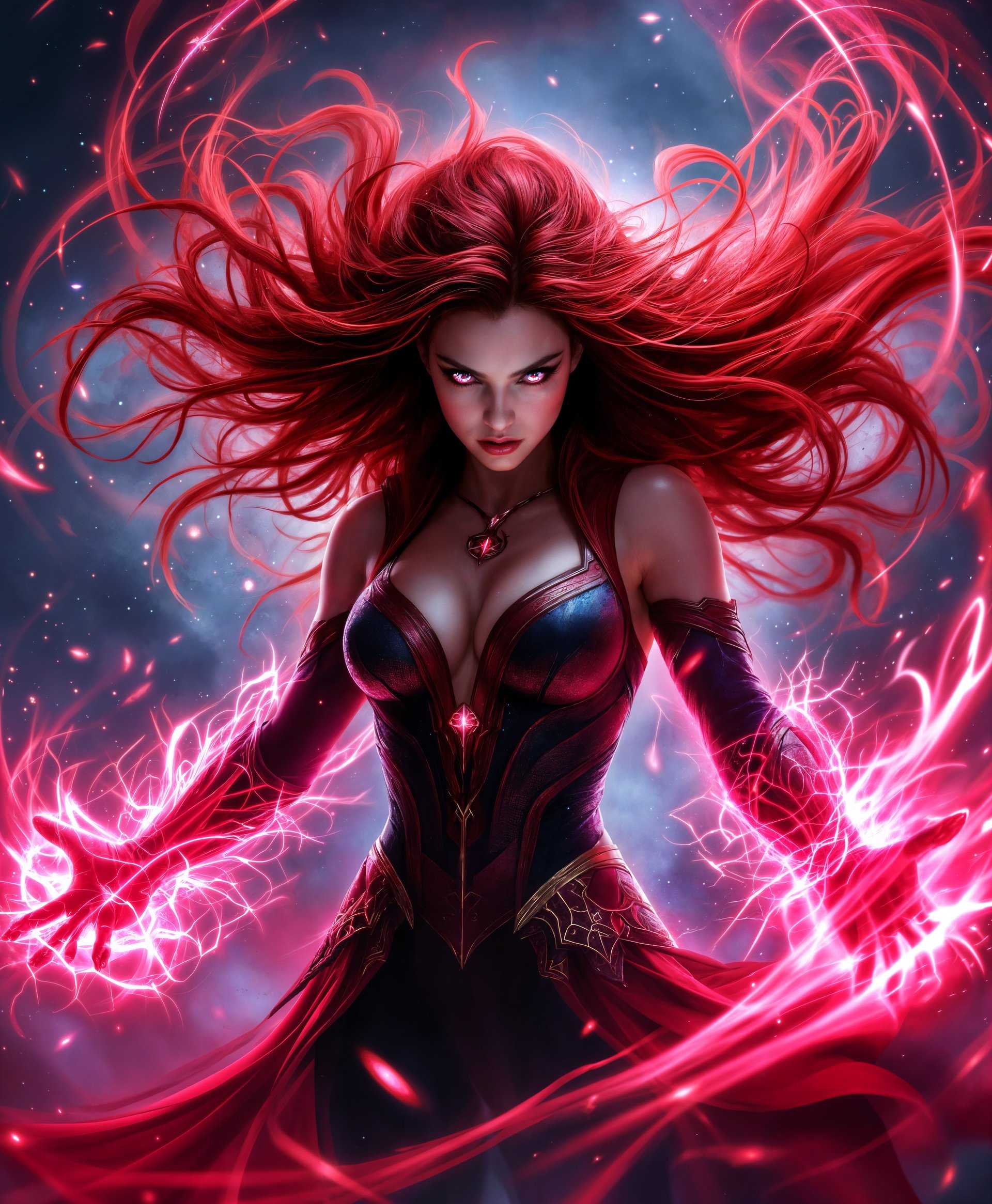 masterpiece, best quality, highres, sharp image, more detail, masterpiece, best quality, highres, sharp image, more detail, **Visual Details:** Capture Scarlet Witch with an intense, focused gaze, her eyes glowing with an ethereal scarlet light. Her hair flows wildly around her, each strand seemingly alive with magical energy, highlighted by streaks of red. Her costume is an intricate blend of dark and vibrant reds, adorned with mystic symbols that seem to pulse with power. The background features an abstract swirl of energy and chaos, with tendrils of scarlet magic intertwining with the air.

**Style:** Employ a dynamic, comic book-inspired style, reminiscent of the Marvel Cinematic Universe, with exaggerated features, dramatic lighting, and a touch of surrealism to emphasize her supernatural abilities.

**Composition:** Position Scarlet Witch centrally, with her arms outstretched, hands channeling her powers. Use a low-angle shot to make her appear dominant and powerful. Frame the scene with a slight Dutch angle to add tension and dynamism, making the viewer feel as if they are caught in the whirlwind of her power.

**Mood and Atmosphere:** The atmosphere is charged with magic and tension. The time of day is irrelevant as her powers create their own light, casting her in an otherworldly glow. The mood is one of awe, power, and the imminent release of energy, as if the viewer has caught her in the midst of casting a spell.

**Technical Aspects:** Utilize chiaroscuro lighting to highlight her features and the energy emanating from her hands. Apply motion blur to the swirling magic around her to suggest movement and the force of her powers. Use depth of field to blur the chaotic background, keeping the focus sharply on Scarlet Witch.

**Cohesion:** The entire scene should blend seamlessly, with the energy from her powers interacting with her costume and the environment, creating a unified portrayal of Scarlet Witch in her element, commanding the forces of chaos and magic.