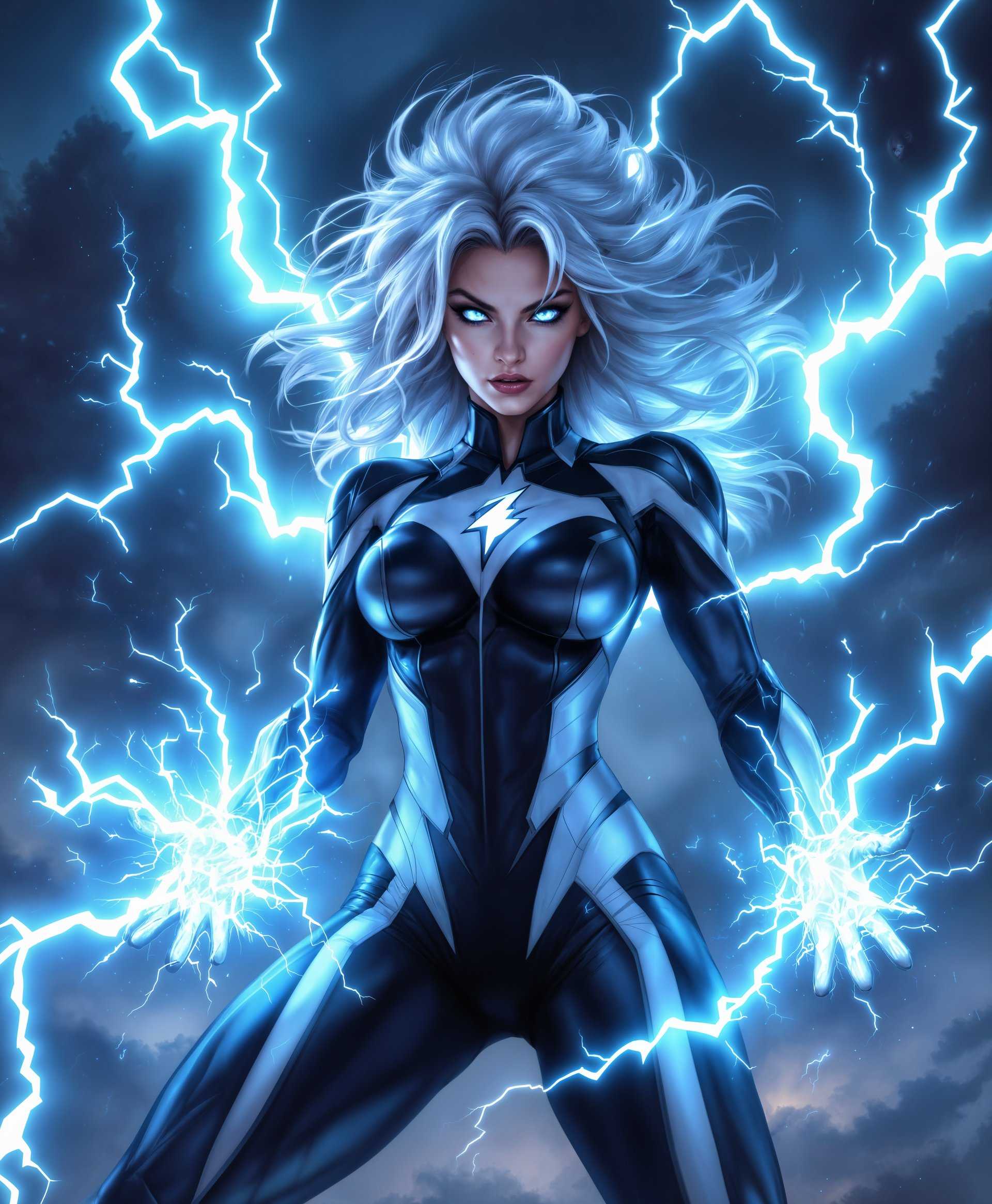 masterpiece, best quality, highres, sharp image, more detail, masterpiece, best quality, highres, sharp image, more detail, Create a dynamic and powerful portrait of Storm from Marvel Rivals, capturing her in the midst of unleashing her weather manipulation abilities:

**Visual Details:**
- **Storm's Appearance:** Highlight her striking, regal features with an emphasis on her piercing blue eyes, which glow with electric energy. Her hair should be wild and flowing, as if caught in a storm wind, with strands illuminated by lightning strikes. Her costume should be detailed, showcasing her iconic black and white suit with silver accents, slightly tattered to suggest her intense power use.
- **Super Powers:** Illustrate her powers with vivid, high-contrast lightning bolts emanating from her hands, surrounding her in an aura of electric energy. The lightning should have a realistic, branching pattern with a bright, almost neon blue color, contrasting sharply against the darker tones of the scene.
- **Environment:** Set the scene amidst a turbulent sky, with dark, roiling clouds lit up by her powers. Include subtle hints of rain or snow swirling around her, reflecting her control over weather elements.

**Artistic Style:**
- Use a blend of comic book art and high-definition realism. Emulate the vibrant colors and dynamic lines of comic art but with the detail and depth of modern digital painting.

**Composition:**
- Position Storm at the center, slightly off to the left, looking directly at the viewer with a fierce, determined expression. Her body should be angled to suggest movement, with one hand extended forward, releasing her powers, and the other slightly raised to control the elements around her.
- Frame the shot in a way that her powers seem to break the boundaries of the image, giving a sense of her overwhelming strength.

**Mood and Atmosphere:**
- Convey a sense of awe and fear, with an underlying tone of respect for her power. The lighting should be dramatic, with stark contrasts between light and shadow, enhancing the stormy atmosphere. 

**Technical Aspects:**
- Employ a shallow depth of field to keep Storm in sharp focus while allowing the background to blur slightly, emphasizing her as the focal point. Use high dynamic range to capture the intensity of her powers against the darker backdrop.

**Cohesion:**
- Ensure that the storm, her powers, and her expression all work together to create a unified scene that not only showcases her abilities but also her character's depth as a powerful, revered figure in the Marvel universe.