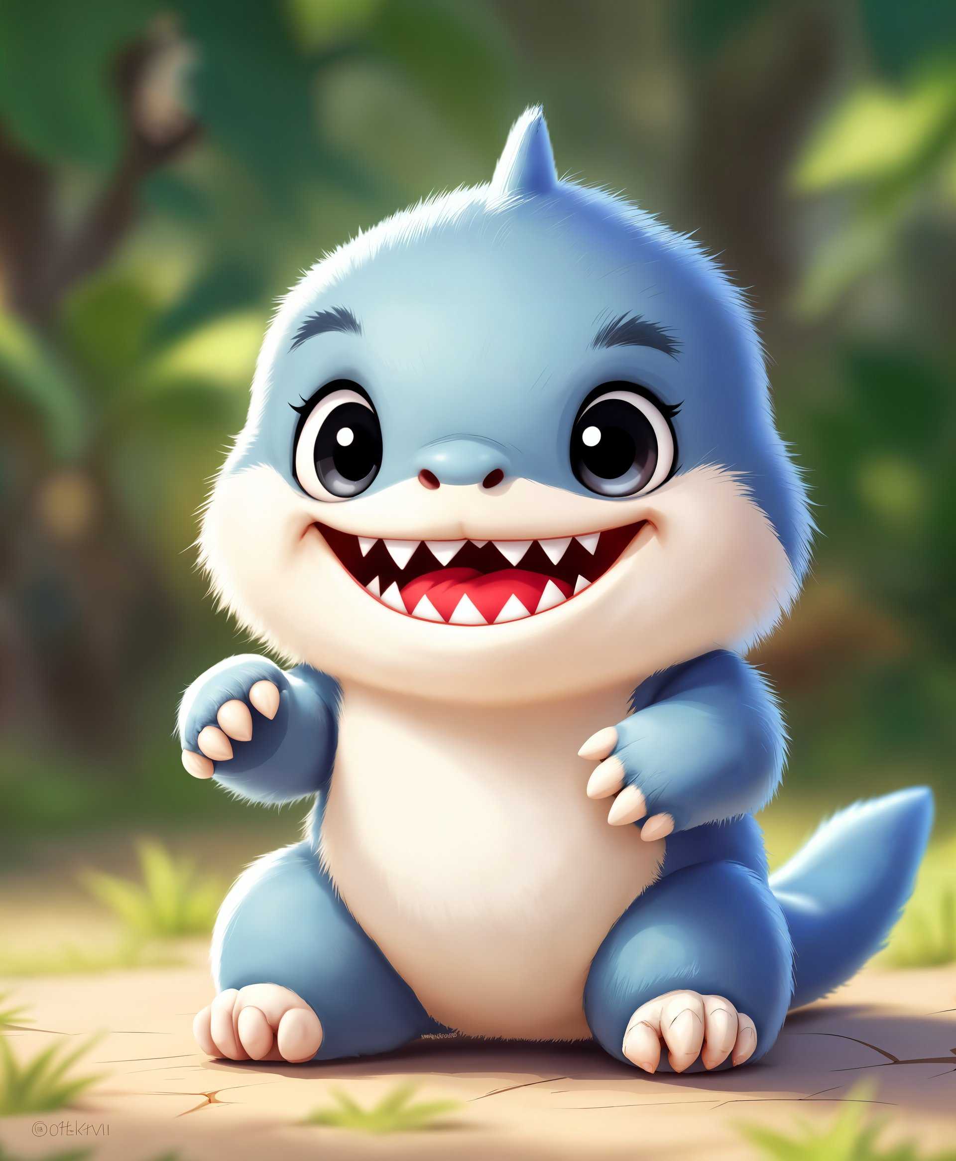 masterpiece, best quality, highres, sharp image, more detail, masterpiece, best quality, highres, sharp image, more detail, Create an **awesome portrait** of **Jeff the Land Shark** from Marvel Rivals, capturing his **cute** and **charming** essence:

- **Subject**: Jeff the Land Shark, depicted as a small, adorable creature with a playful demeanor.
- **Pose**: Jeff is mid-action, using his super powers; his mouth is open as if he's about to chomp or teleport, showcasing his teeth in a friendly, non-threatening way.
- **Visual Details**: His fur is a soft, grayish-blue, with hints of lighter fur around his belly and paws for contrast. His eyes are large, round, and full of life, reflecting innocence and curiosity. His claws are slightly visible, but not menacing, adding to his cuteness.
- **Lighting**: Use a soft, natural light to enhance Jeff's adorable features, creating gentle shadows that highlight his fluffy texture.
- **Style**: Employ a whimsical, comic book-inspired style, reminiscent of Marvel's vibrant and expressive art, with clean lines, exaggerated expressions, and a slight caricature effect to amplify his cuteness.
- **Background**: A simple, abstract backdrop with hints of Marvel Rivals' game environment, suggesting his playful habitat without distracting from Jeff himself.
- **Atmosphere**: The mood is light-hearted and fun, conveying Jeff's playful and mischievous nature. The time of day could be a bright, sunny afternoon, enhancing the playful vibe.
- **Technical Aspects**: Utilize a shallow depth of field to focus sharply on Jeff, with the background slightly blurred. Employ techniques like rim lighting to make his fur stand out, and use a macro lens effect for close-up details of his face.
- **Composition**: Frame Jeff slightly off-center, looking towards the viewer with a playful tilt of his head, creating an engaging and dynamic composition that captures his personality.

This portrait should evoke the **adorable**, **energetic**, and **super-powered** nature of Jeff the Land Shark, making him the undeniable star of the image.
