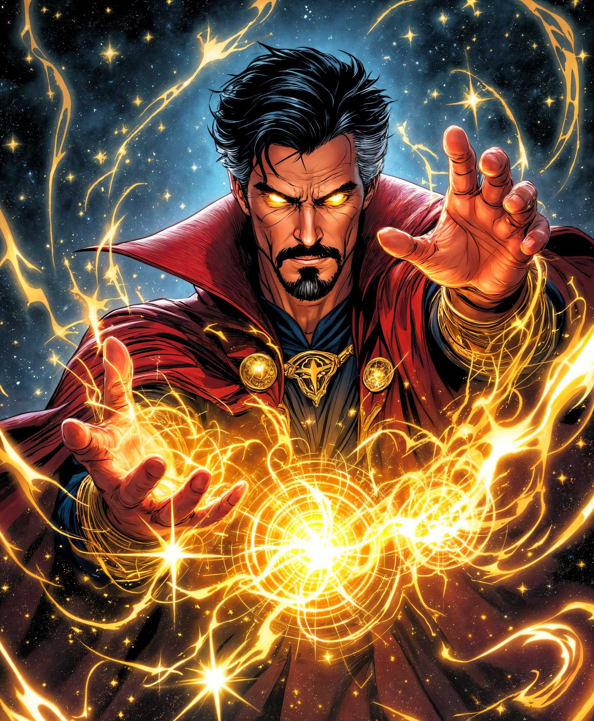 masterpiece, best quality, highres, sharp image, more detail, masterpiece, best quality, highres, sharp image, more detail, **A high-resolution, dynamic portrait of Doctor Strange from Marvel Rivals**, showcasing his mystical powers in action. 

- **Visual Details**: Doctor Strange stands at the center, his face illuminated by the magical energy swirling around him. His Cloak of Levitation billows with an otherworldly texture, shimmering in shades of crimson and gold. His eyes glow with an intense, mystical light, contrasting against the dark, cosmic background filled with stars and arcane symbols.

- **Style**: The image captures the essence of comic book art with exaggerated expressions and fluid, dynamic lines, reminiscent of Alex Ross's detailed realism mixed with the kinetic energy of Jim Lee's superhero illustrations.

- **Composition**: The portrait is framed in a dramatic, close-up shot, with Doctor Strange's hands in the foreground, casting spells. His pose is powerful, with one hand conjuring a spell and the other outstretched, as if commanding the elements. The camera angle is slightly from below, looking up to emphasize his dominance and command over the mystical forces.

- **Mood and Atmosphere**: The atmosphere is charged with magical energy, creating an intense, almost tangible feeling of power and mystery. The time of day is ambiguous, suggesting a timeless, otherworldly setting where magic reigns supreme. The lighting is dramatic, with the magical energy providing the primary light source, casting deep shadows and highlighting the textures of his costume.

- **Technical Aspects**: Utilize a wide depth of field to keep Doctor Strange in sharp focus while allowing the background to blur into an abstract, mystical realm. Employ HDRI techniques to capture the full spectrum of light and shadow, enhancing the supernatural elements. 

- **Cohesion**: The entire scene is crafted to reflect the awe-inspiring, supernatural capabilities of Doctor Strange, creating a cohesive, believable moment from the Marvel Rivals game where magic is not just a power, but a fundamental force of the universe.