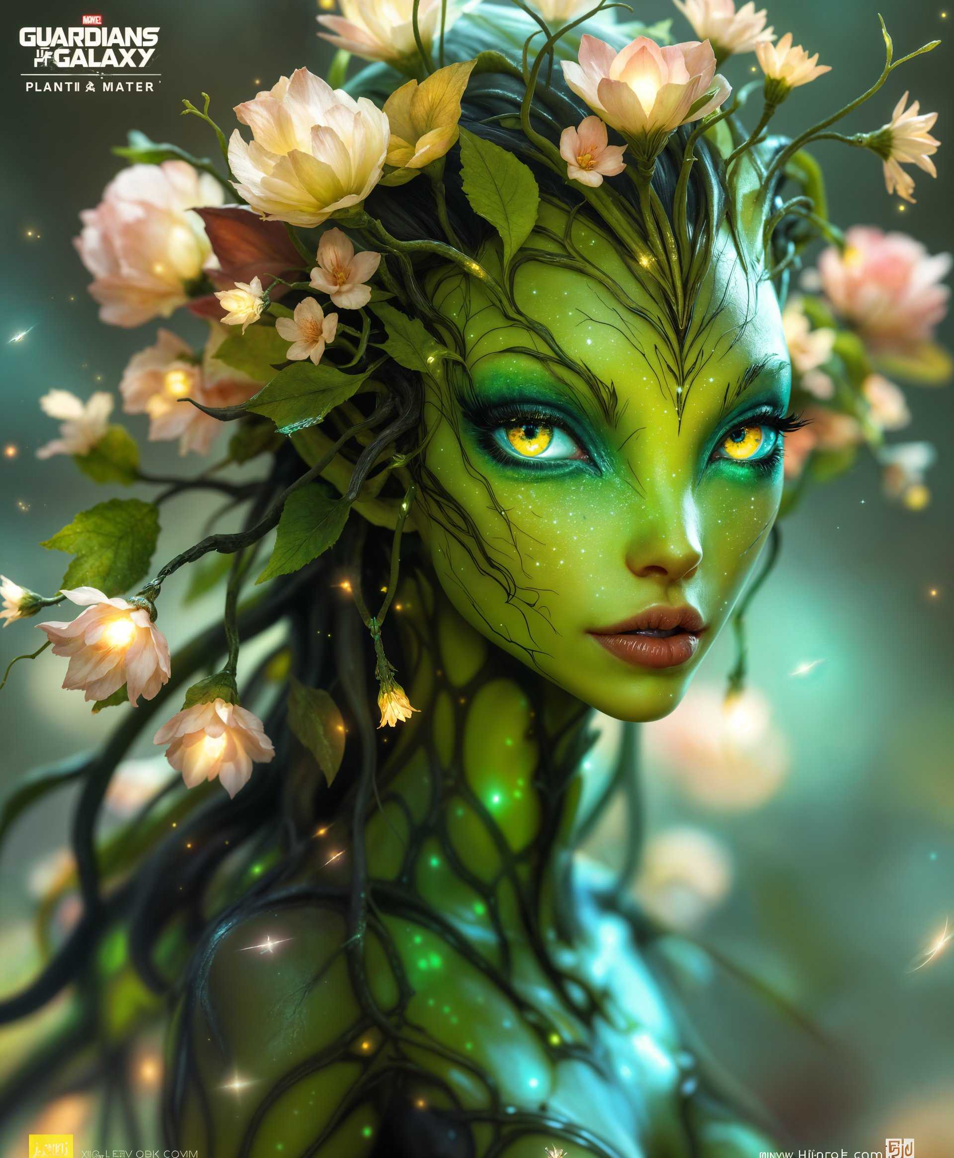 masterpiece, best quality, highres, sharp image, more detail, masterpiece, best quality, highres, sharp image, more detail, Create a dynamic, high-resolution portrait of Mantis from Marvel Rivals, showcasing her alien beauty and mystique:

- **Visual Details**: 
  - Her skin should have a luminescent, greenish glow, reminiscent of her plant-like nature, with intricate, vine-like patterns subtly etched into her skin.
  - Eyes should be large, expressive, with a hint of bioluminescence, capturing her connection to the cosmic energy.
  - Her hair, long and flowing, should be adorned with small, glowing flowers or leaves, suggesting her symbiotic relationship with nature.
  - Costume details should include organic materials like bark, leaves, or petals, giving a sense of living armor.

- **Style**: 
  - Emulate the visual style of fantasy concept art, with a touch of sci-fi elements, blending naturalistic detail with futuristic aesthetics.
  - Use a painterly technique to give depth to her skin texture and the background, with visible brushstrokes that convey movement and energy.

- **Composition**: 
  - Mantis should be the focal point, positioned slightly off-center with her gaze directed towards the viewer, creating an engaging, almost hypnotic connection.
  - Background should be a soft, out-of-focus nebula or cosmic landscape, suggesting her origins or the environment she thrives in.

- **Mood and Atmosphere**: 
  - The lighting should be soft, with a focus on rim lighting to accentuate her silhouette against the cosmic backdrop, creating an ethereal, otherworldly vibe.
  - Convey a sense of serenity mixed with latent power, as if she's in a moment of calm before action.

- **Technical Aspects**: 
  - Utilize a shallow depth of field to isolate Mantis from the background, enhancing her prominence.
  - Employ high dynamic range (HDR) techniques to capture the full spectrum of light and shadow, ensuring her luminescent features stand out.

- **Cohesion**: 
  - Every element, from her attire to the background, should evoke a sense of unity with nature and the cosmos, portraying Mantis as both a protector and a part of the universe she inhabits.