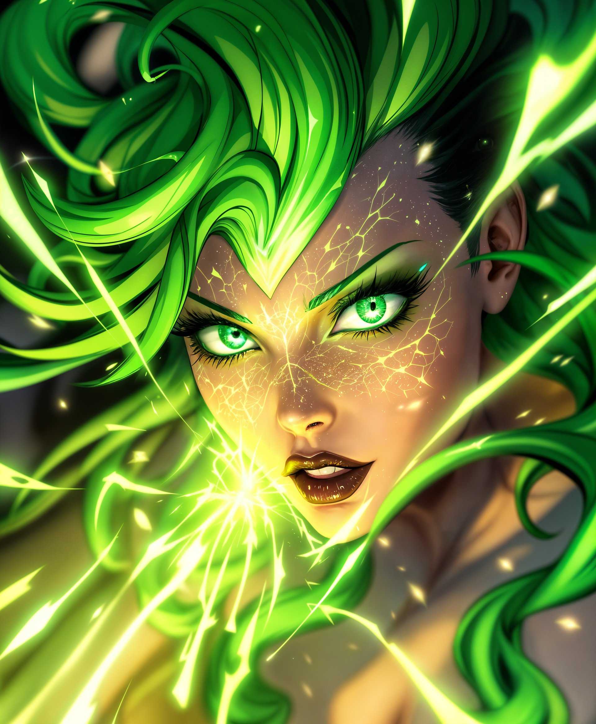 masterpiece, best quality, highres, sharp image, more detail, masterpiece, best quality, highres, sharp image, more detail, A dynamic portrait of **Mantis** from Marvel Rivals, showcasing her in the midst of unleashing her superpowers:

- **Visual Details**: Her eyes glowing with a mesmerizing green energy, casting an ethereal light across her face. Her skin is textured with subtle, bioluminescent patterns that mimic the flora of her origin. Her hair, a cascade of vibrant green, seems to move as if influenced by an unseen force.

- **Style**: The image captures her in a style reminiscent of **Comic Book Art**, with sharp lines, high contrast, and exaggerated features to emphasize her supernatural abilities. A slight **Anime Influence** adds a touch of wide-eyed wonder and exaggerated motion.

- **Composition**: Mantis is positioned at a dynamic angle, her head slightly tilted, looking towards the viewer with an intense, focused gaze. The camera angle is low, creating a sense of power and dominance. The framing is tight, focusing on her upper body and head, with a soft vignette effect to concentrate the viewer's attention on her face and powers.

- **Mood and Atmosphere**: The scene exudes a sense of mystique and awe, with a **Nighttime Setting** where the darkness contrasts with the vibrant green of her powers. The atmosphere is charged with a palpable sense of energy, suggesting she's in the midst of a critical moment in battle.

- **Technical Aspects**: Utilize **High Key Lighting** with a focus on the glow from her powers, creating a stark contrast between light and shadow. Employ **Motion Blur** around her hair and energy effects to convey movement and power. Use **Depth of Field** to keep Mantis in sharp focus while the background blurs into a dark, abstract backdrop.

- **Cohesion**: The portrait harmoniously blends the comic book aesthetics with elements of nature, reflecting Mantis' connection to the natural world. The green energy, her attire, and the surrounding darkness all work together to create a cohesive scene that captures the essence of Mantis' character and powers in Marvel Rivals.