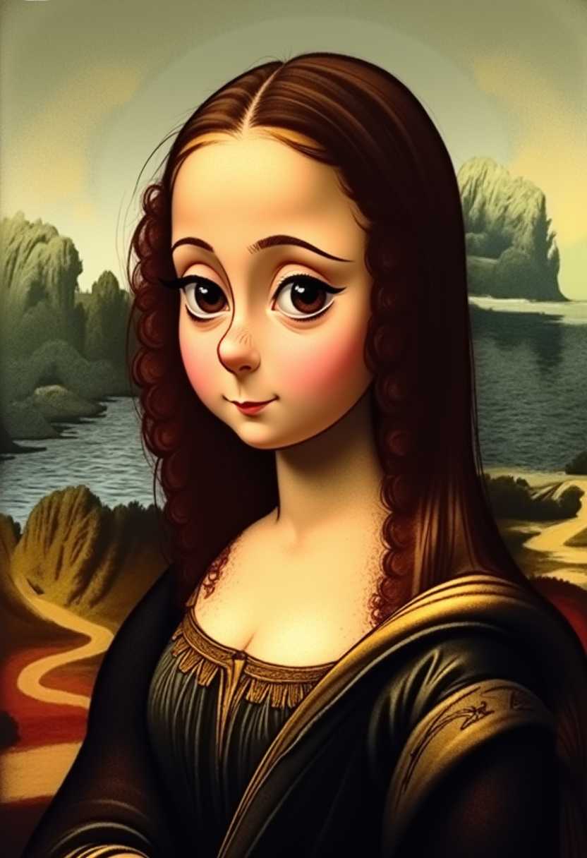 This image is a stylized digital illustration that pays homage to the famous painting Mona Lisa by Leonardo da Vinci. The subject is a person with a youthful appearance, large expressive eyes, and a gentle smile. The hair is long and curly, with a rich chestnut brown color, and the person is wearing a dark, highcollared dress with a golden yellow trim, reminiscent of the Renaissance period attire.The art style is a blend of realism and cartoonish elements, with a focus on the characters facial expression and the softness of the clothing. The medium appears to be digital painting, as evidenced by the smooth blending of colors and the lack of texture that might be present in a traditional painting.The colors are muted and earthy, with a predominance of browns, golds, and greens, which gives the image a warm and somewhat nostalgic feel. The background is a simplified representation of the landscape from the original painting, with rolling hills and a winding river, painted in a similar palette.The overall impression is one of a modern reinterpretation of a classic work of art, infused with a sense of whimsy and playfulness. 