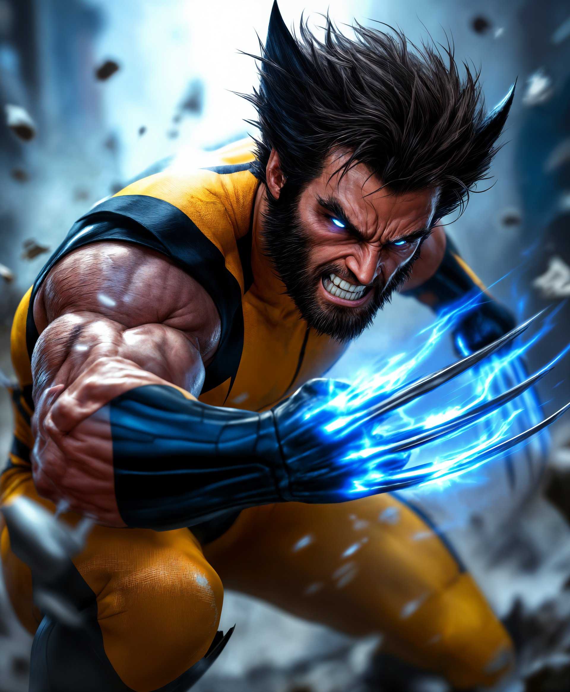 masterpiece, best quality, highres, sharp image, more detail, masterpiece, best quality, highres, sharp image, more detail, A dynamic, high-contrast **portrait** of **Wolverine** from the game *Marvel Rivals*, showcasing his **super powers** in action:

- **Visual Details**: Wolverine's iconic yellow and black suit with blue highlights, his adamantium claws extended and shimmering with energy. His eyes glow with a feral intensity, and his hair is wild, with individual strands dynamically moving as if in a windstorm. 
- **Style**: Rendered in a **comic book style** with bold outlines, dramatic shadows, and vivid colors to capture the essence of a superhero in combat. Emulate the visual style of *Marvel Rivals* with a touch of realism.
- **Composition**: Wolverine is in a **three-quarter view**, positioned slightly off-center to the left, with his claws and body language suggesting an imminent attack or defensive stance. The background should be blurred, focusing on him, with hints of destroyed urban environment to suggest the chaos of a battle.
- **Mood and Atmosphere**: The mood is intense and electric, capturing the adrenaline of a superhero fight. The lighting is dramatic with harsh shadows and highlights, simulating a late afternoon in a city under siege, with debris and smoke subtly present.
- **Technical Aspects**: Utilize **chiaroscuro** lighting techniques to enhance the contrast between light and dark areas, giving depth to his muscles and the energy effects around his claws. Use **motion blur** for his claws to suggest speed and power.

*Prompt*: "A dynamic, comic book style portrait of Wolverine from Marvel Rivals, in a high-contrast, late afternoon urban battle setting. His claws are extended, shimmering with energy, eyes glowing with ferocity, hair wild, and the scene conveys the intensity of a superhero fight with dramatic lighting and motion blur on the claws."