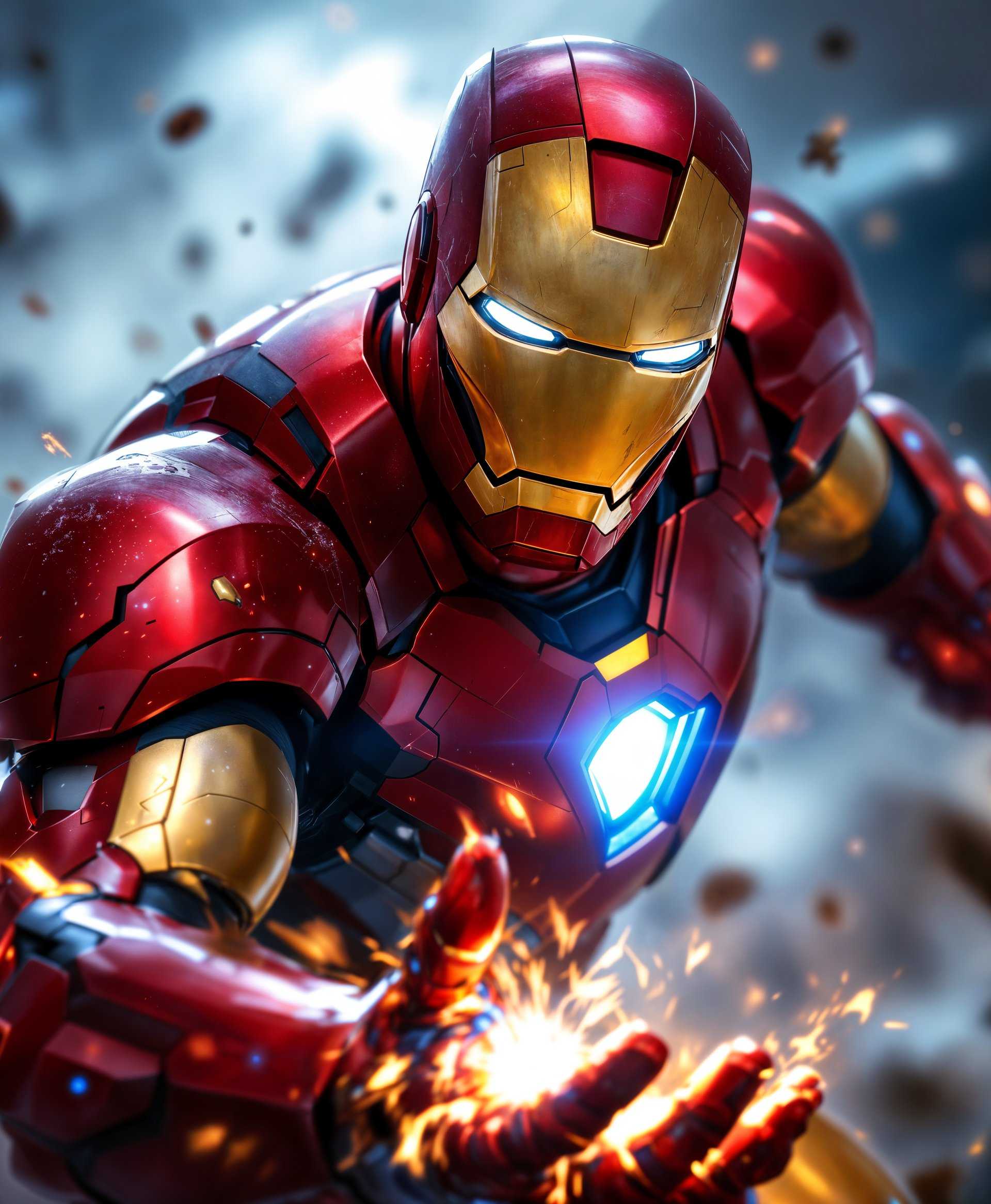 masterpiece, best quality, highres, sharp image, more detail, masterpiece, best quality, highres, sharp image, more detail, **Prompt for AI Image Generation:**

Subject: Iron Man from Marvel Rivals, in the midst of battle, showcasing his superpowers.

Visual Details:
- Iron Man's armor should gleam with a high-tech, futuristic aesthetic, featuring intricate details like glowing arc reactor and dynamic energy fields around his hands and feet.
- The armor should exhibit wear and tear from battle, with scratches and minor dents for realism.
- Energy beams or repulsor blasts should emit from his palms, with realistic light effects and particle dispersion.

Artistic Style:
- Dynamic, high contrast with vibrant colors typical of comic book art.
- A touch of digital painting style to enhance the video game feel, with sharp edges and bold outlines.

Composition:
- Close-up portrait shot, focusing on Iron Man's face and upper body, capturing his intense expression.
- Dynamic angle, slightly from below to emphasize his power and presence on the battlefield.
- The background should blur into abstract shapes of energy and debris, directing focus to Iron Man.

Mood and Atmosphere:
- High energy and tension, as if in the middle of a decisive moment in battle.
- Lighting should be dramatic, with stark contrasts to highlight Iron Man's silhouette against the chaos of battle.

Technical Aspects:
- Depth of field to isolate Iron Man, with soft focus on the background elements.
- High dynamic range (HDR) to capture both the bright energy effects and the darker, more shadowed areas of the scene.
- Use of motion blur on energy effects to convey speed and power.

**Prompt:** An awesome portrait of Iron Man from Marvel Rivals, showcasing his superpowers in the midst of battle. His high-tech armor gleams with intricate details, with energy beams erupting from his palms. The scene is captured in a dynamic, comic book-inspired digital painting style, with a close-up, low-angle shot emphasizing his battle-ready stance. The background blurs into abstract energy and debris, creating a high-energy, tense atmosphere with dramatic lighting and motion blur to enhance the sense of speed and power.