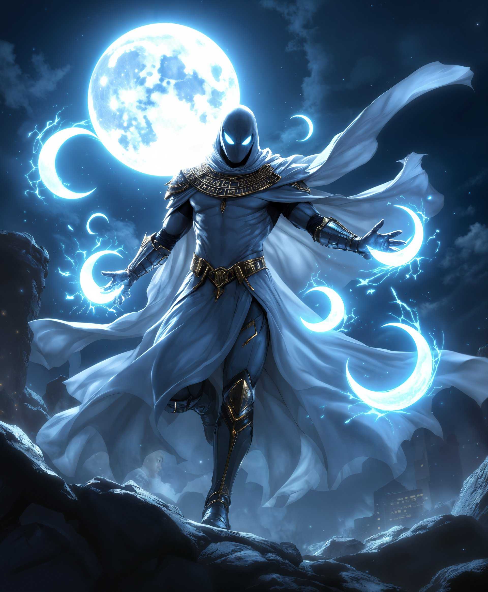 masterpiece, best quality, highres, sharp image, more detail, masterpiece, best quality, highres, sharp image, more detail, **Subject:** Moon Knight from Marvel Rivals, in dynamic action pose, showcasing his super powers

**Scene Description:**
- Moon Knight is depicted in the midst of a battle, his silhouette against a backdrop of a moonlit cityscape, where shadows and light play dramatically.
- His costume is a blend of white and silver, with intricate Egyptian hieroglyphs glowing faintly, providing a mystical aura.

**Visual Details:**
- **Costume:** The suit is highly detailed, with metallic sheen on the armor parts, and flowing white fabric that moves as if in a breeze, capturing the essence of moonlight.
- **Super Powers:** Emanating from his hands and around him are luminous, crescent-shaped energy constructs, each with a soft, glowing edge, illuminating the scene with a cool, ethereal light.
- **Lighting:** The primary light source is the full moon, casting long, dramatic shadows and highlighting Moon Knight's figure with a halo effect.

**Artistic Style:**
- The style is reminiscent of comic book art, with bold outlines and exaggerated features, yet grounded in realistic proportions and textures, akin to Greg Capullo's work.
- Use of chiaroscuro to enhance the dramatic effect of the moonlight on his costume and surroundings.

**Composition:**
- **Framing:** Wide shot that captures Moon Knight in the center, with energy radiating outwards, framing him in a circle of light.
- **Camera Angle:** Low angle shot to emphasize his heroic stature and power, making him appear larger than life.

**Mood and Atmosphere:**
- The atmosphere is charged with tension and mystery, a night filled with supernatural energy, with the cityscape reflecting the chaos of a superhero battle.
- Time of Day: Night, with the moon at its zenith, casting an otherworldly glow over everything.

**Technical Aspects:**
- High contrast lighting to make the energy constructs stand out against the dark backdrop.
- Dynamic perspective to capture the movement and energy of the scene.

**Cohesion:** All elements from the costume details, the supernatural energy, the moonlit setting, to the comic book style, come together to create an iconic and powerful image of Moon Knight in action, capturing his essence as both a vigilante and a mystical warrior.