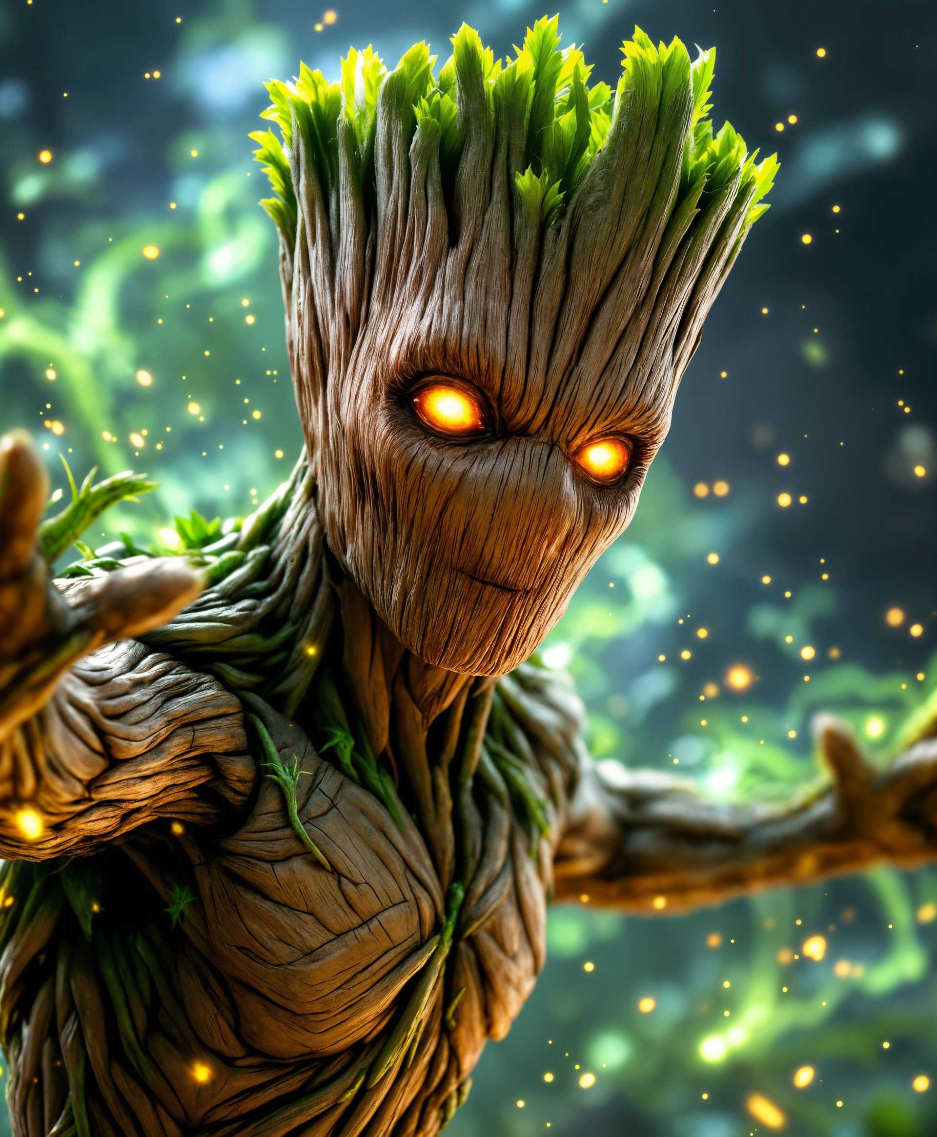 masterpiece, best quality, highres, sharp image, more detail, masterpiece, best quality, highres, sharp image, more detail, **Image Description**: A dynamic and detailed portrait of Groot from Marvel Rivals, showcasing him in full action mode, utilizing his super powers.

**Visual Details**: Groot's bark is textured and rough, with vibrant green leaves sprouting from his body, emphasizing his organic nature. His eyes are glowing with a supernatural, intense light, hinting at the power within. The surrounding air is filled with small, swirling particles of light, suggesting the activation of his abilities.

**Style**: The image is rendered in a hyper-realistic style, akin to high-quality video game character art, with a focus on depth and detail. It should have a cinematic feel, reminiscent of epic superhero movies, capturing the grandeur of his powers.

**Composition**: Groot is centered in the frame, his body slightly turned to the side, offering a three-quarter view. His arms are extended, releasing a burst of energy or vines, framing him in a dynamic pose. The camera angle is slightly low, looking up to enhance his imposing presence.

**Mood and Atmosphere**: The atmosphere is charged with energy, with a slight glow around Groot, as if the air itself is reacting to his powers. The background is dark, perhaps a forest or urban setting at twilight, with soft ambient lighting highlighting his silhouette against the shadows.

**Technical Aspects**: Use high dynamic range (HDR) techniques for the lighting effects, ensuring the glow around Groot and the particles are luminous without being overly bright. Employ depth of field to focus on Groot, with the background slightly blurred to emphasize his prominence.

**Cohesion**: The scene should feel like a moment captured from a larger battle or event, with Groot's powers being unleashed in a dramatic, awe-inspiring manner, creating a unified narrative within a single frame.