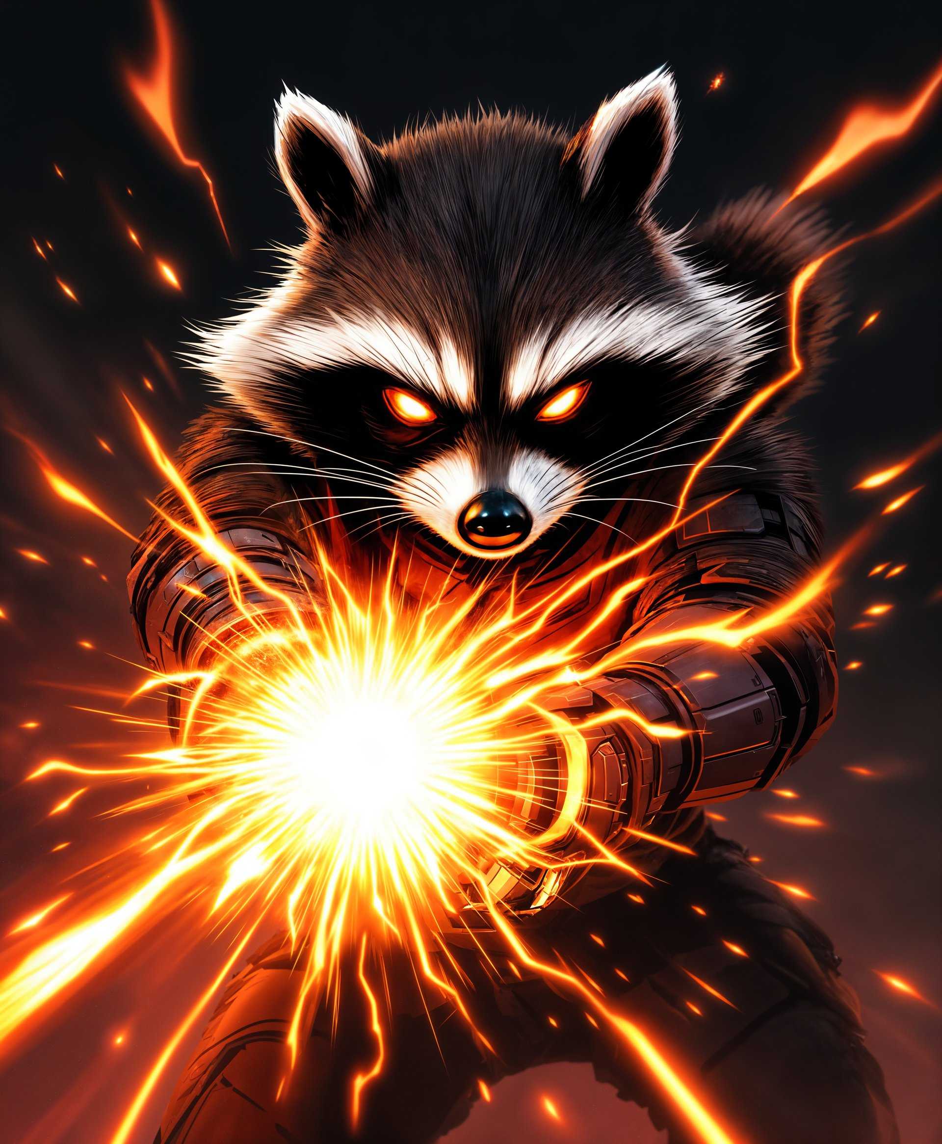 masterpiece, best quality, highres, sharp image, more detail, masterpiece, best quality, highres, sharp image, more detail, A dynamic and intense portrait of Rocket Raccoon from Marvel Rivals, captured in action using his superpowers. **Style:** Digital art with influences from comic book illustrations, showcasing high contrast, bold lines, and a slight cel-shading effect to emphasize his fur texture. **Visual Details:** Rocket's fur should have a mix of dark browns and grays, with white highlights to accentuate his facial features. His eyes are sharp, glowing with determination, possibly with a slight red hue to indicate his heightened state. His tactical gear should be detailed with futuristic patterns, reflecting light to show off its metallic sheen. **Lighting:** Backlit with a dramatic, fiery glow emanating from his weapons or powers, creating a halo effect around his silhouette. **Composition:** Rocket is centered, slightly off-kilter to convey motion, with his body in a dynamic pose, perhaps mid-leap or in the act of firing his weapon. The camera angle is slightly low, looking up at him to enhance his heroic stature. **Mood and Atmosphere:** The scene exudes a sense of urgency and chaos, with a background of a battle-torn environment, possibly with smoke and debris in the air, suggesting the aftermath of an explosion or his powers in use. The atmosphere is charged with electricity, with sparks and energy beams crisscrossing the frame. **Technical Aspects:** Use depth of field to blur the background, focusing sharply on Rocket to emphasize his importance in the frame. The image should be rendered with high resolution to capture the fine details of his gear, fur, and the intricate patterns of his powers. **Cohesion:** All elements combine to create a vivid, action-packed scene where Rocket Racoon stands out as the central, powerful figure amidst a backdrop of chaos and conflict.
